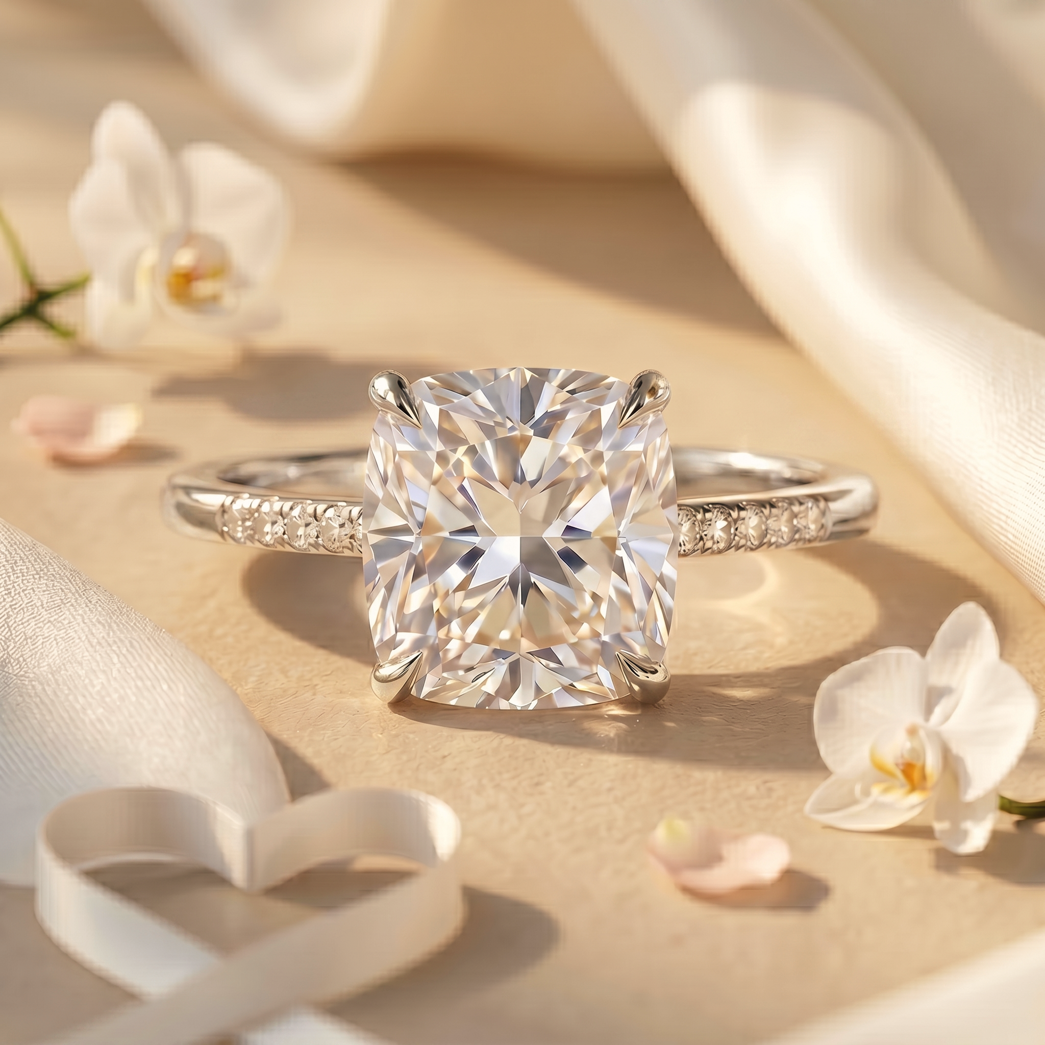 A cushion-cut moissanite engagement ring in a white gold pavé band on a soft beige background.