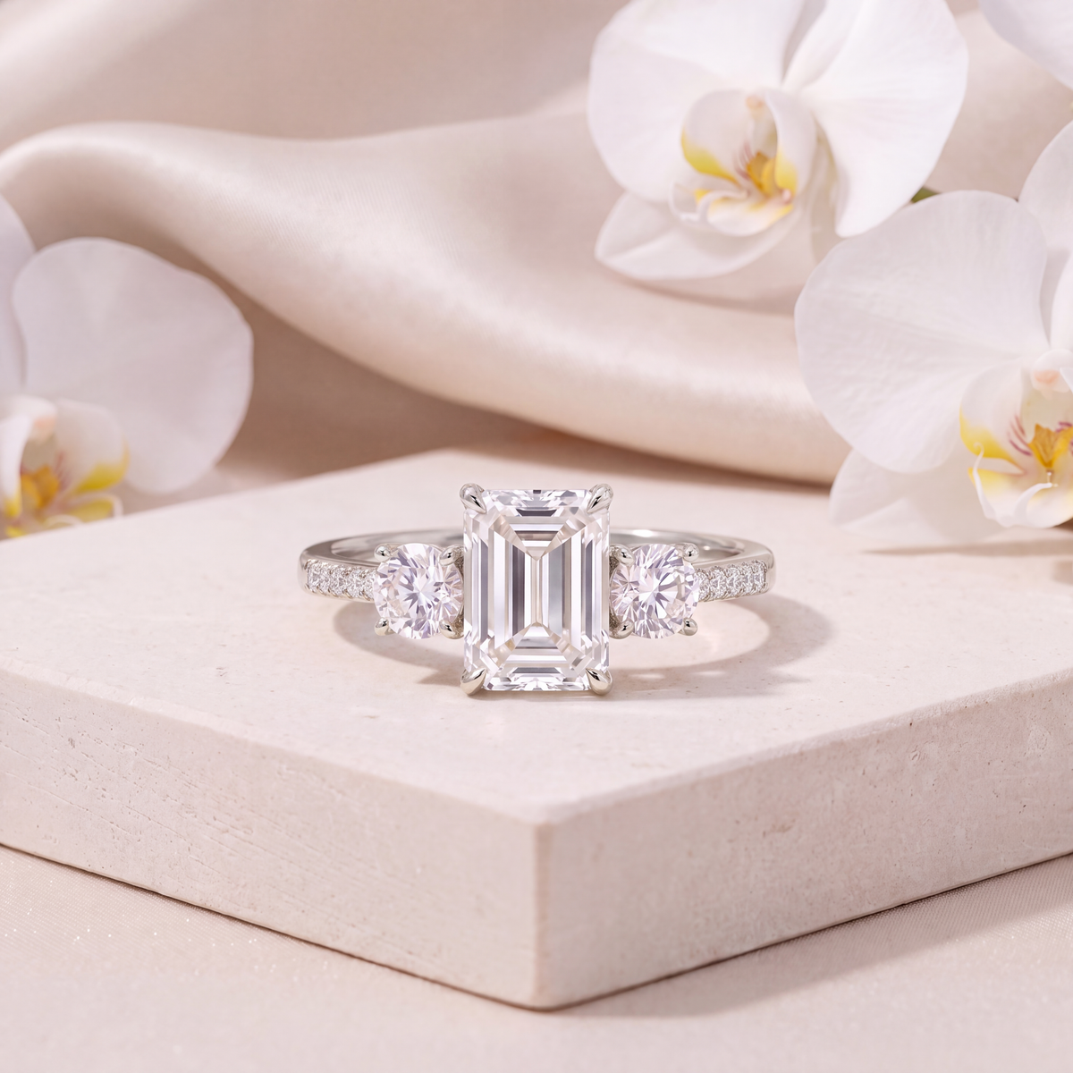 White gold emerald cut three-stone moissanite ring with pavé band on a stone block.