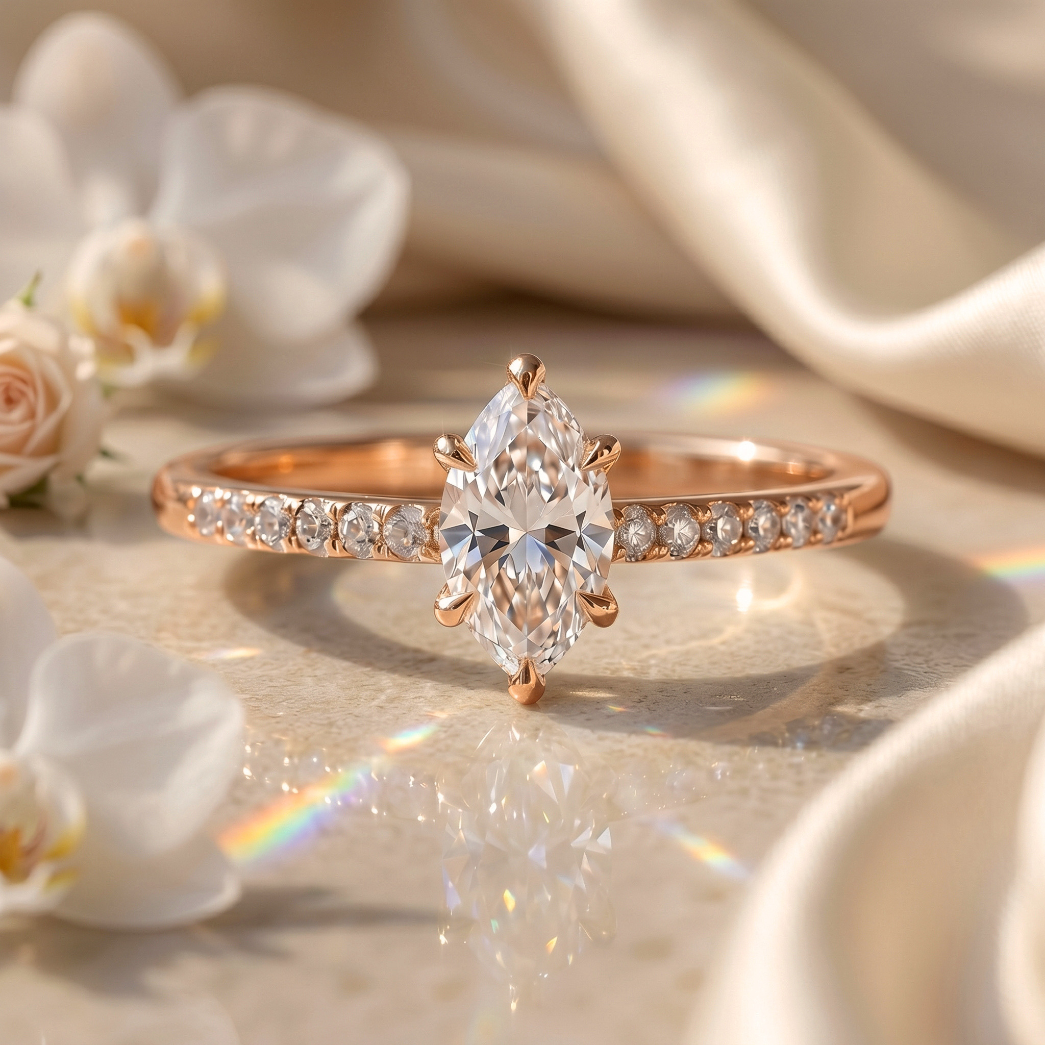 A beautiful marquise-cut moissanite ring in rose gold with a shimmering pavé band shown on a soft silk background.