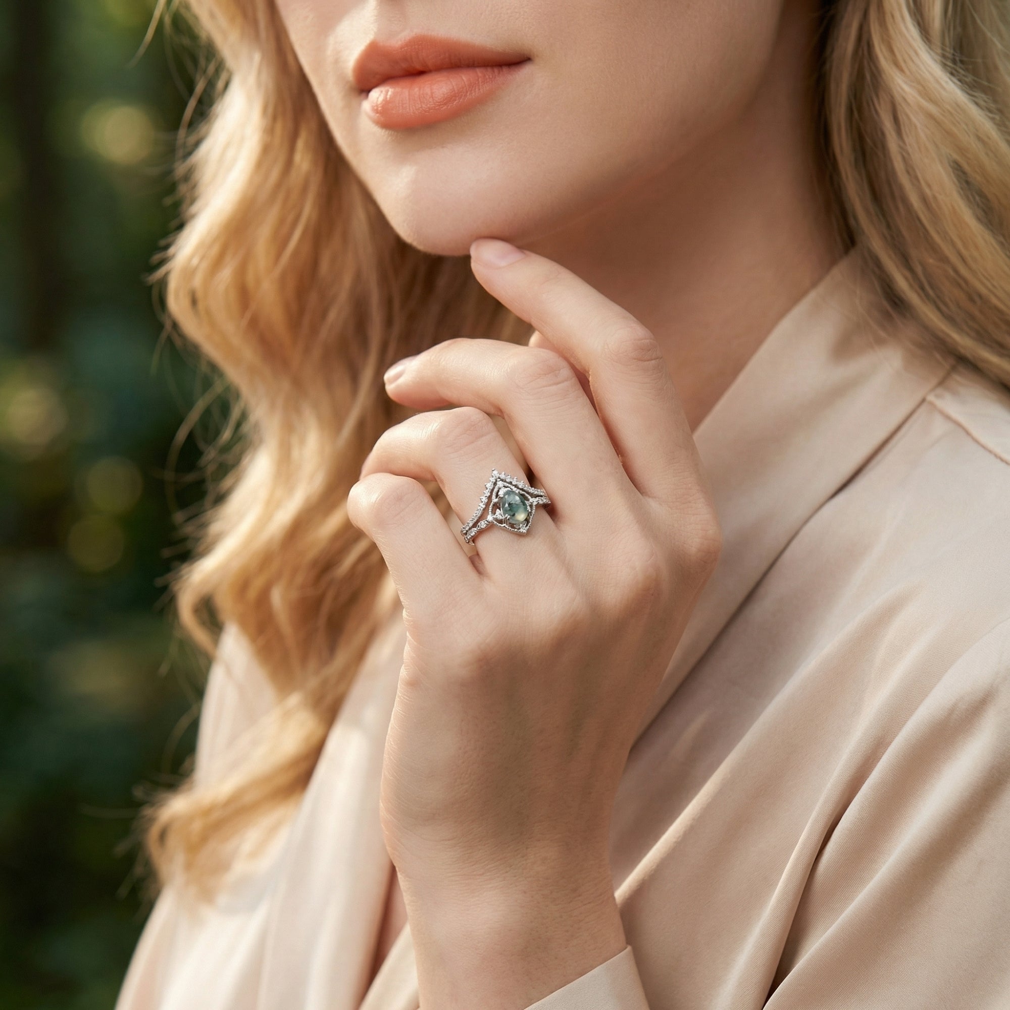 Diamantbesetztes Ringset aus natürlichem Achat im Ovalschliff – S925 Sterling Silber