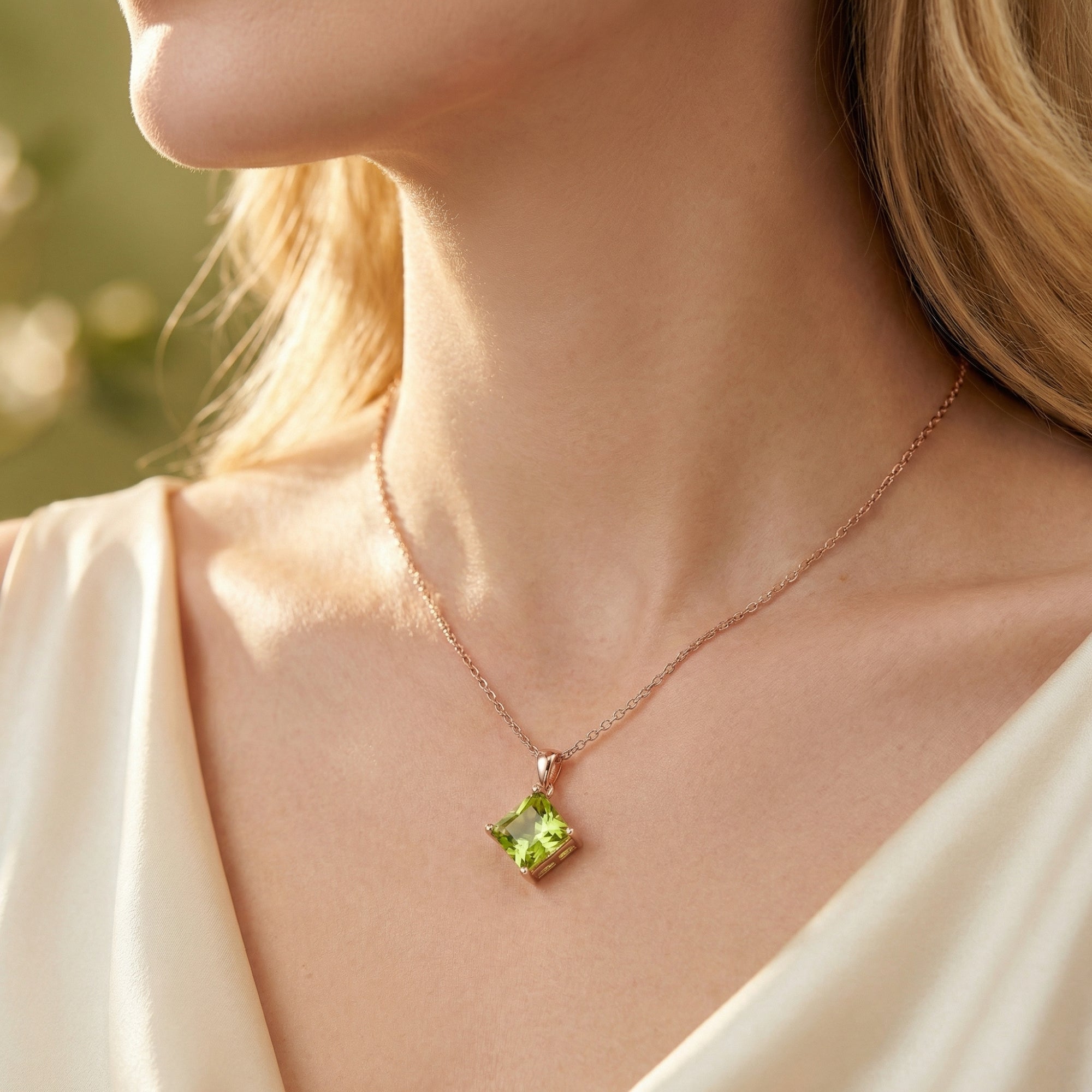 18K rose gold vermeil necklace with a princess cut natural peridot pendant worn by a model in soft lighting.