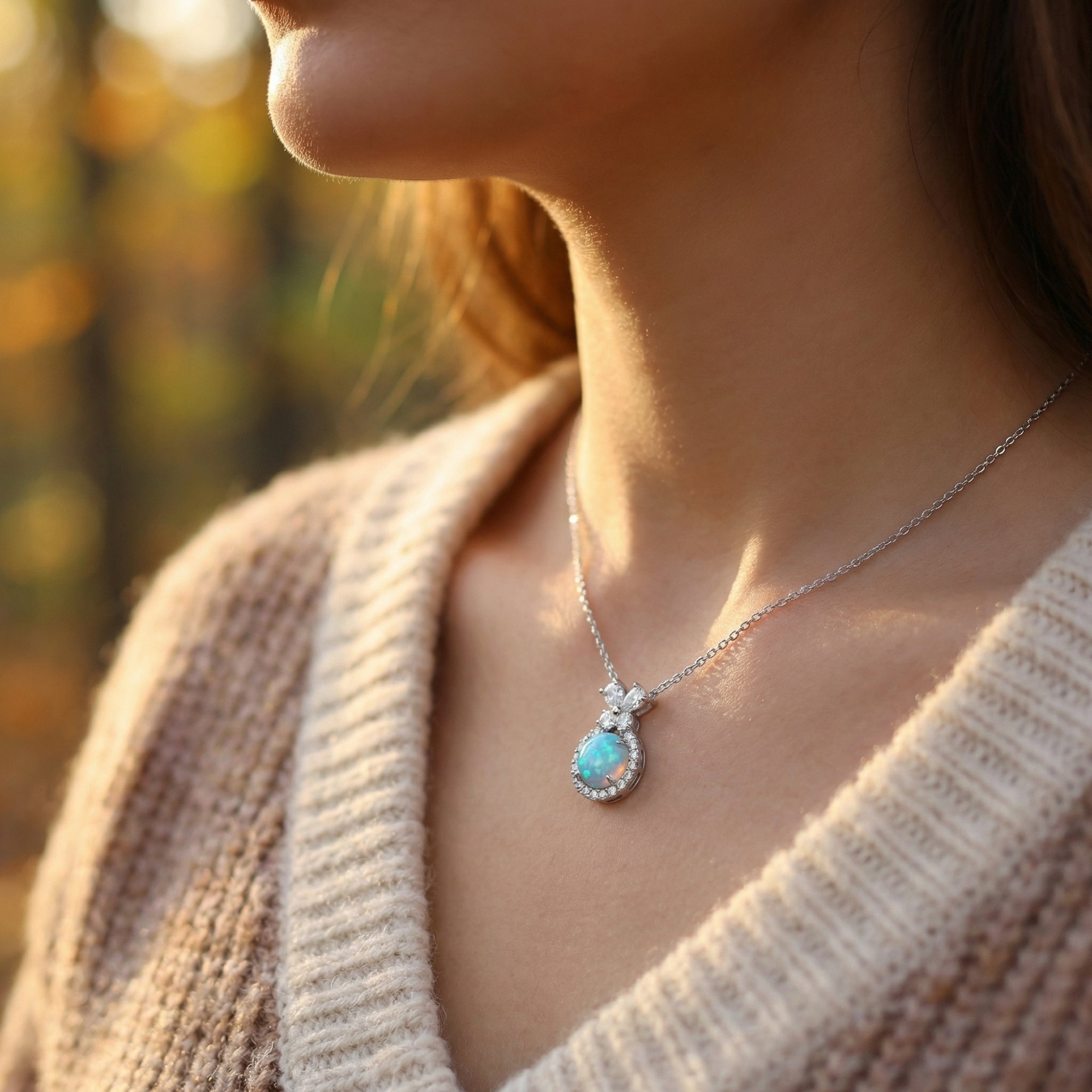 Side view of a model wearing the sterling silver Orianne necklace with a round blue opal pendant outdoors.