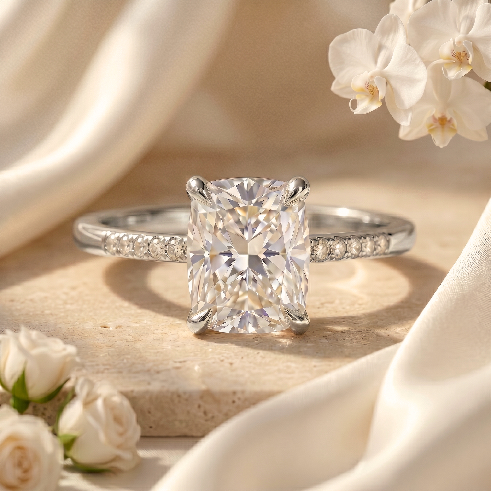 A front-facing view of a cushion cut moissanite engagement ring in a white gold band adorned with accent diamonds.