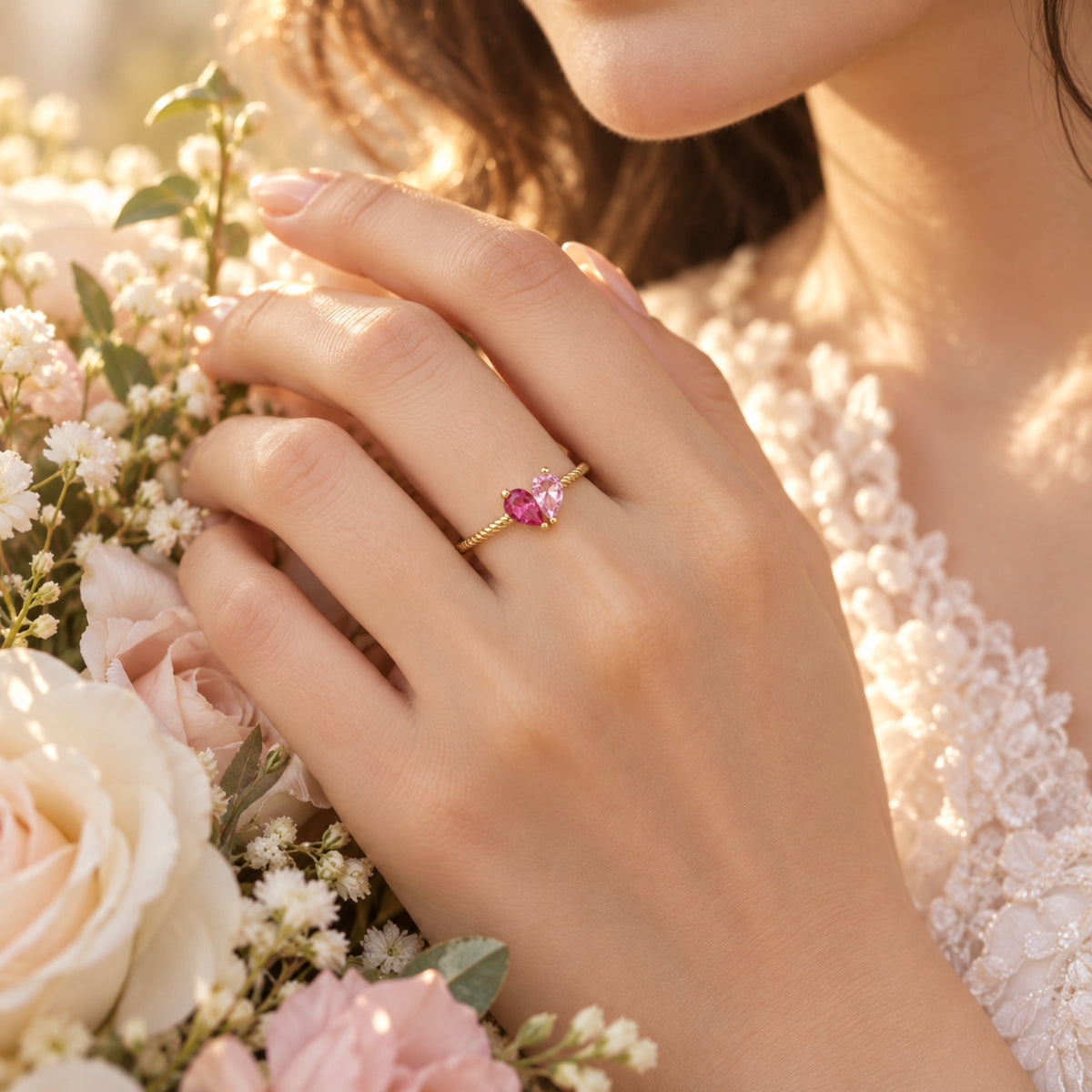 Gold vermeil heart birthstone ring with example pink and clear stones worn on a hand