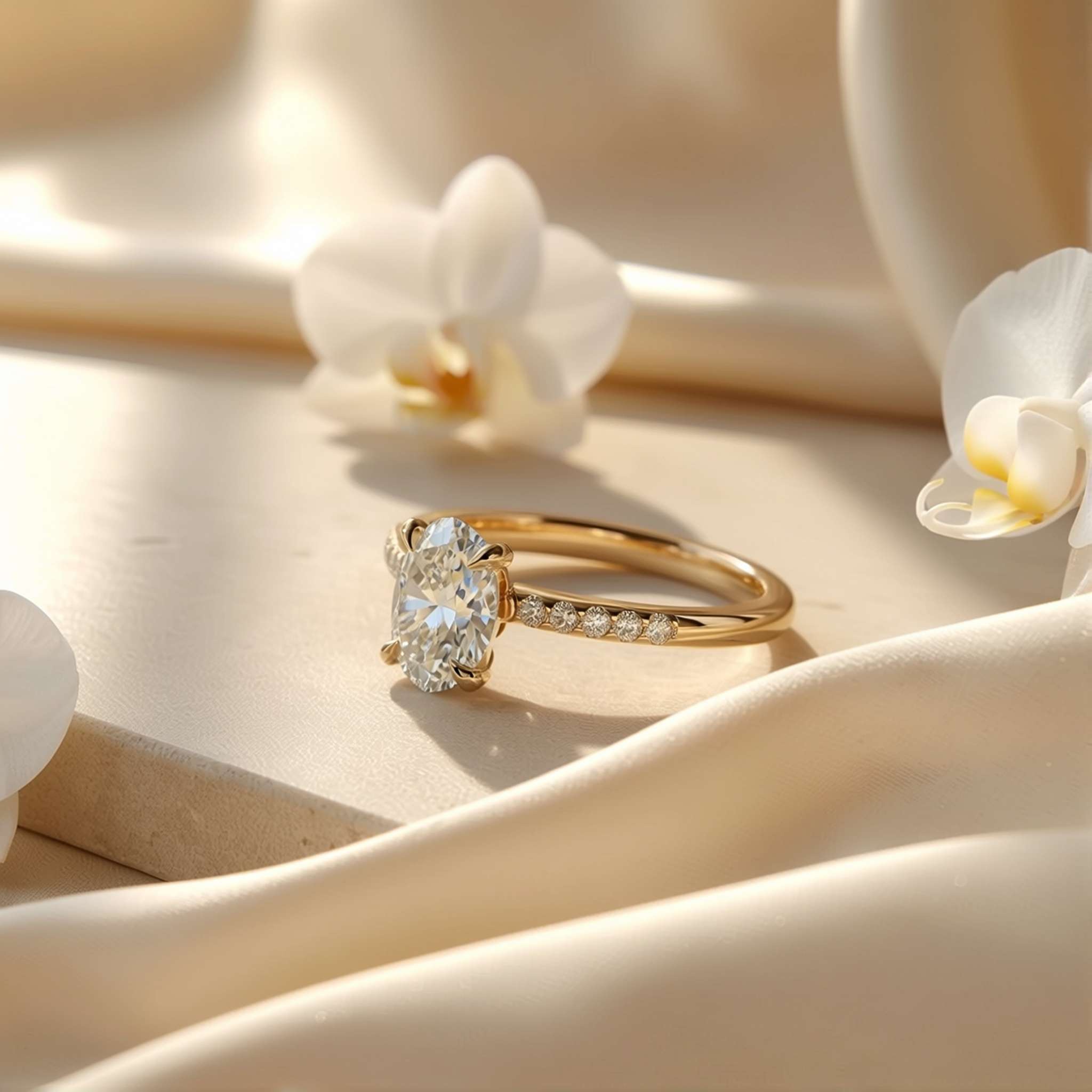An angled view of a gold oval-cut moissanite engagement ring resting on a stone surface with orchids.