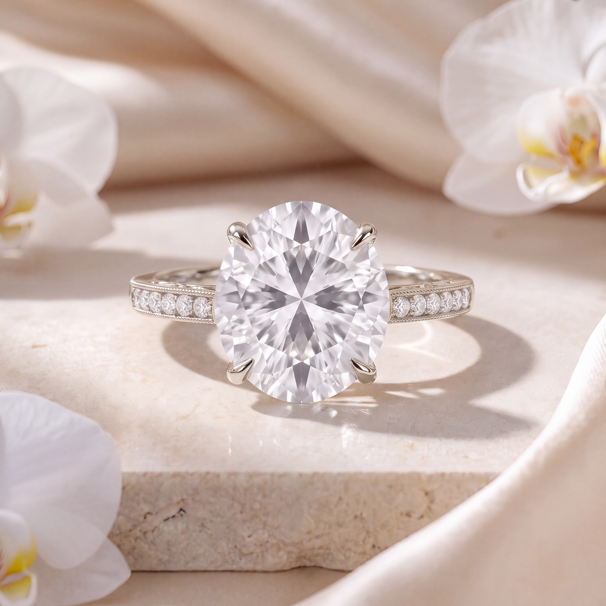 Front view of an oval moissanite engagement ring with a milgrain pave band in white gold.
