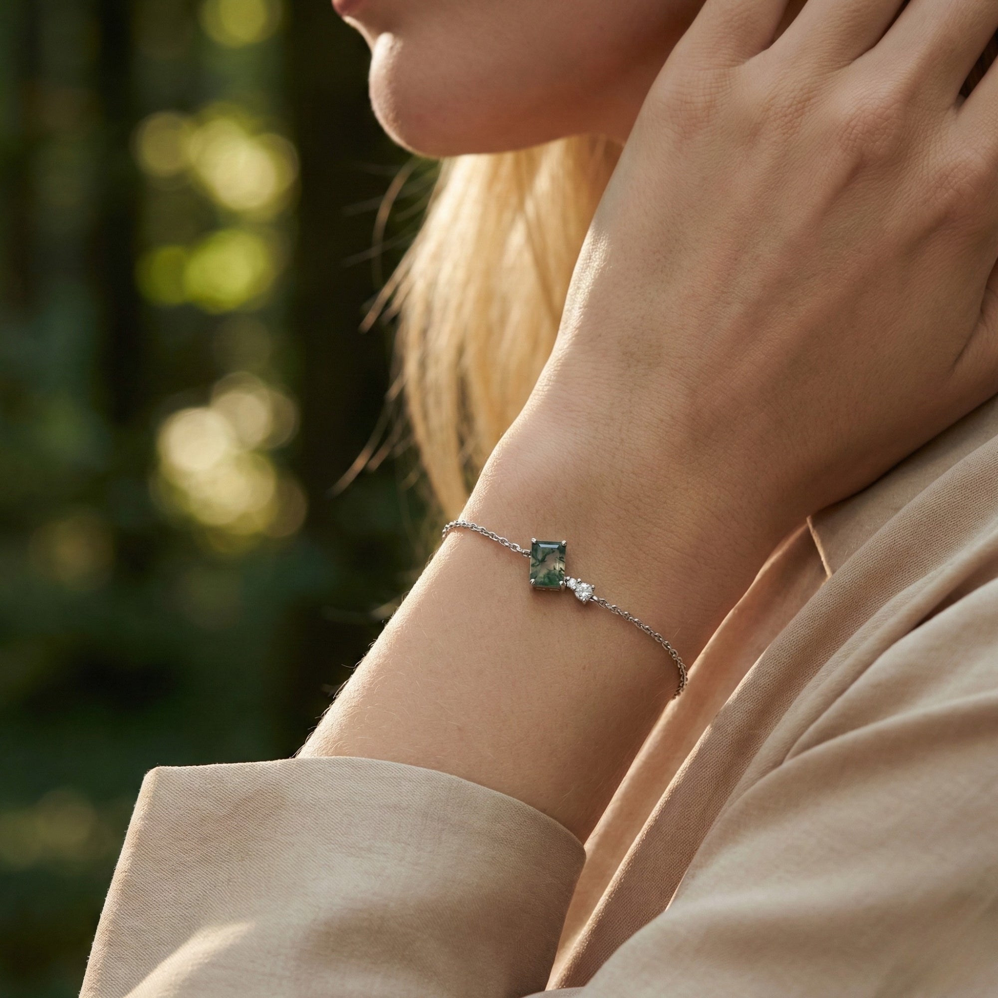 Vierkante Natuurlijke Mos Agaat Bedelarmband - S925 Sterling Zilver