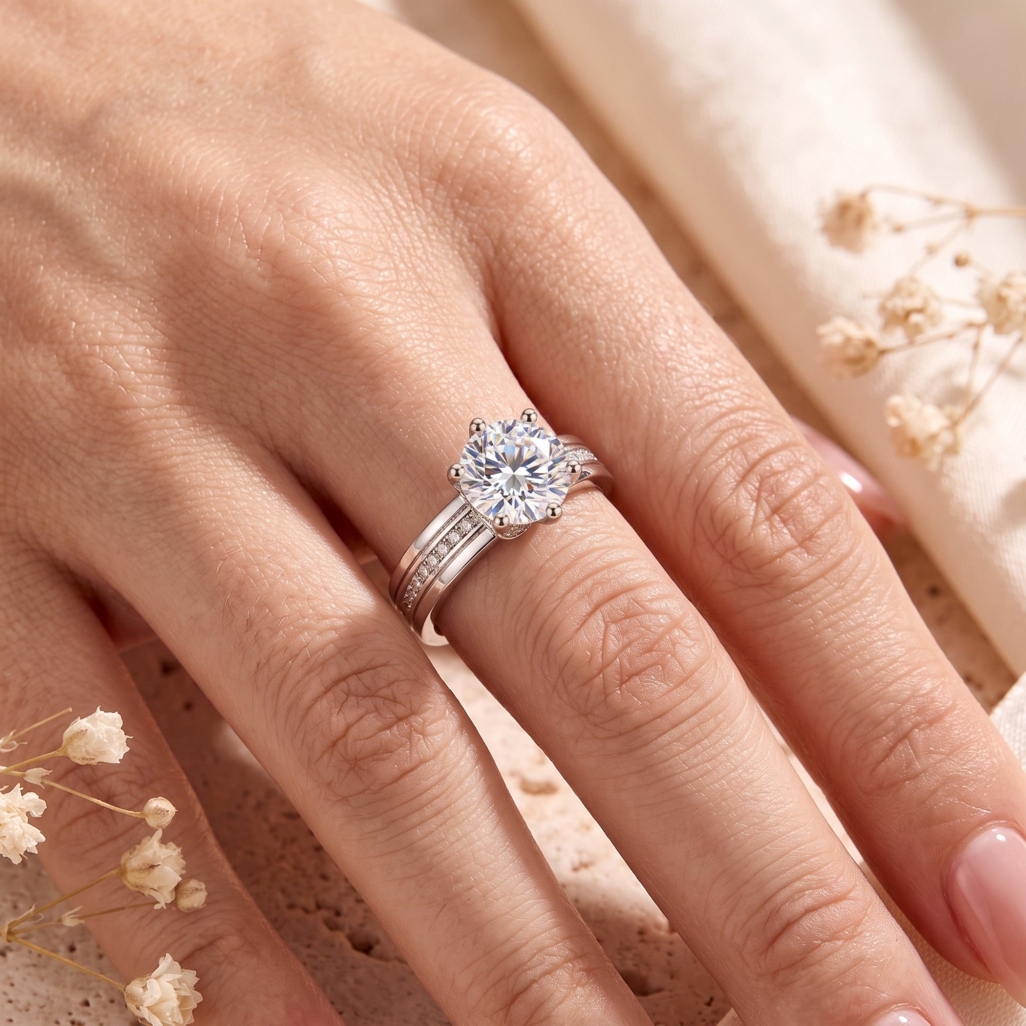 Top view of the sterling silver round brilliant solitaire ring on a finger.