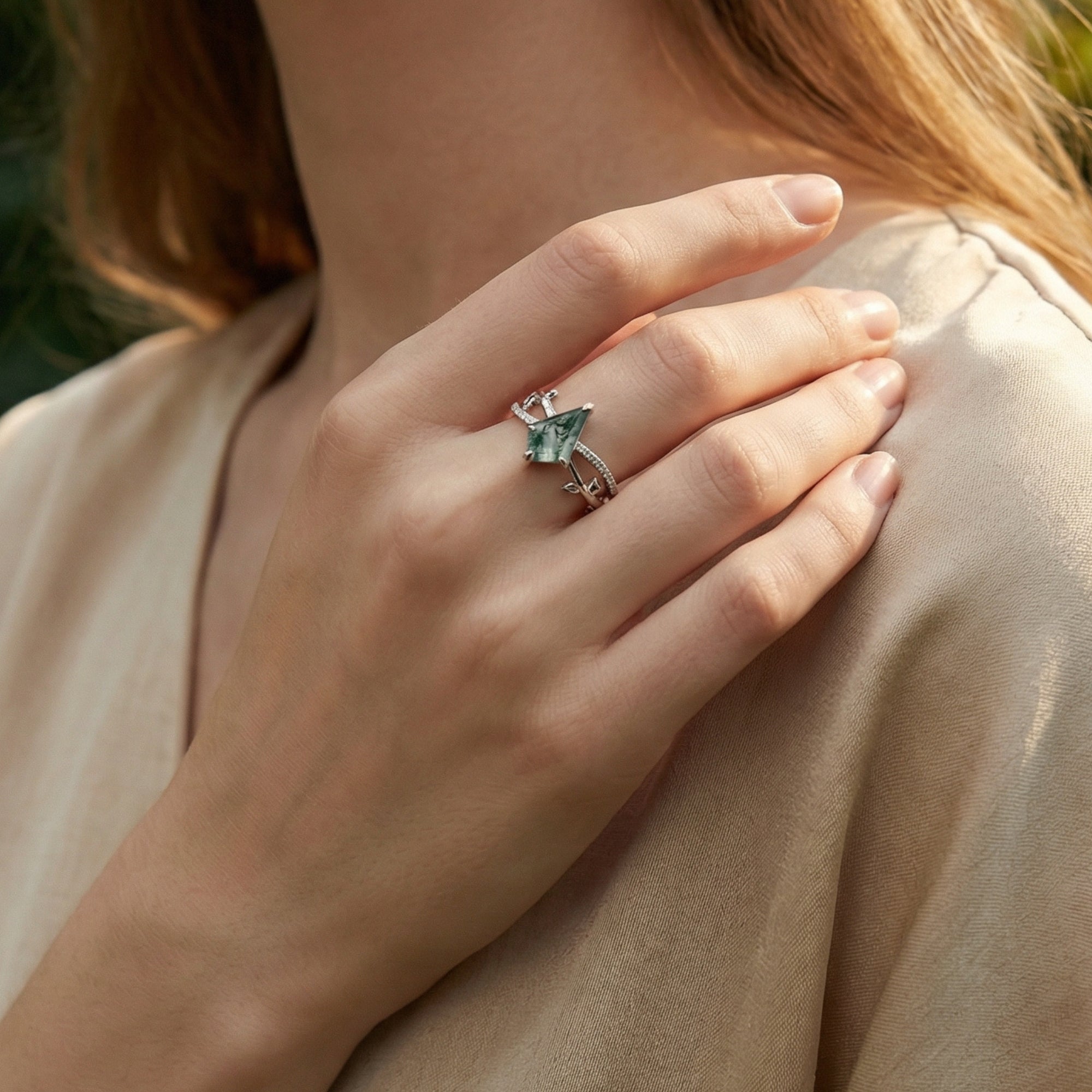 Kite Cut Natuurlijke Mos Agaat Diamant Omarm Ring - S925 Sterling Zilver