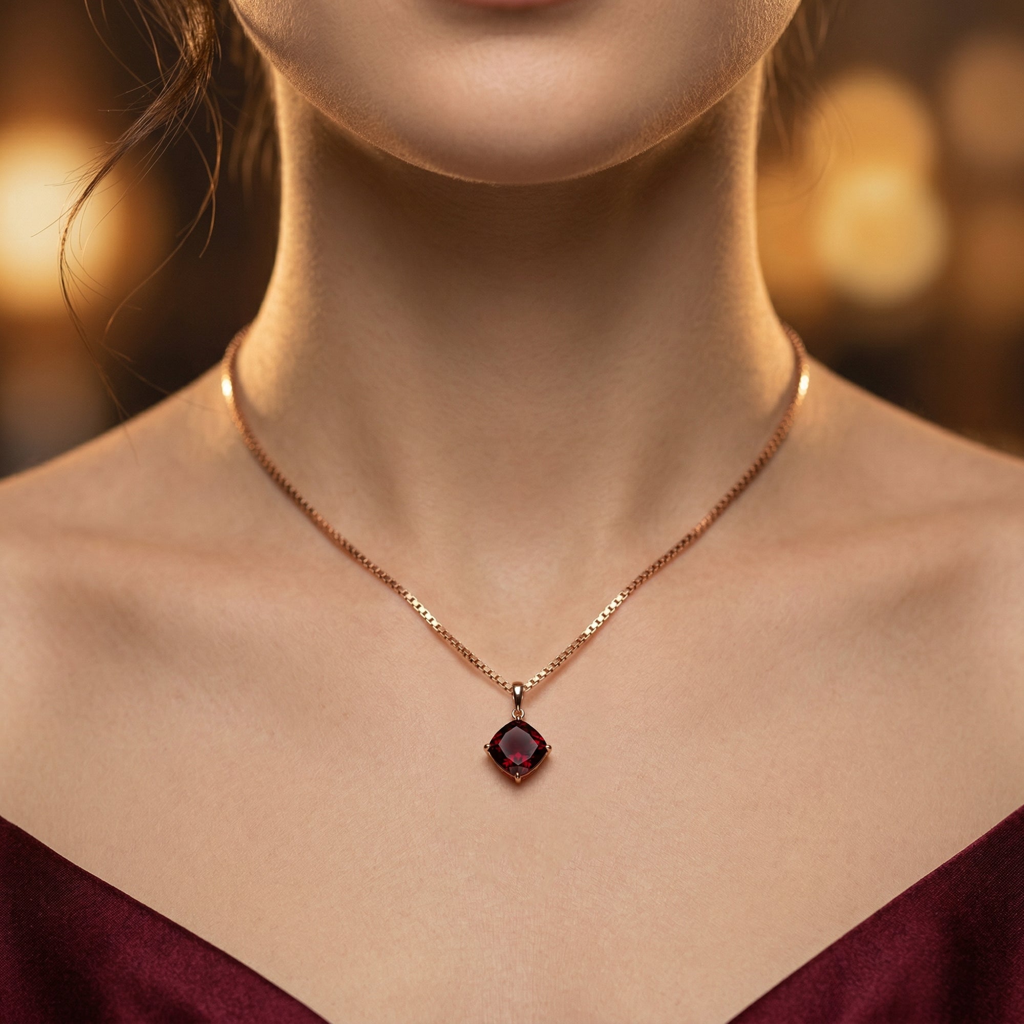 Centered view of the 18K rose gold cushion cut garnet necklace worn by a model to show length and placement.