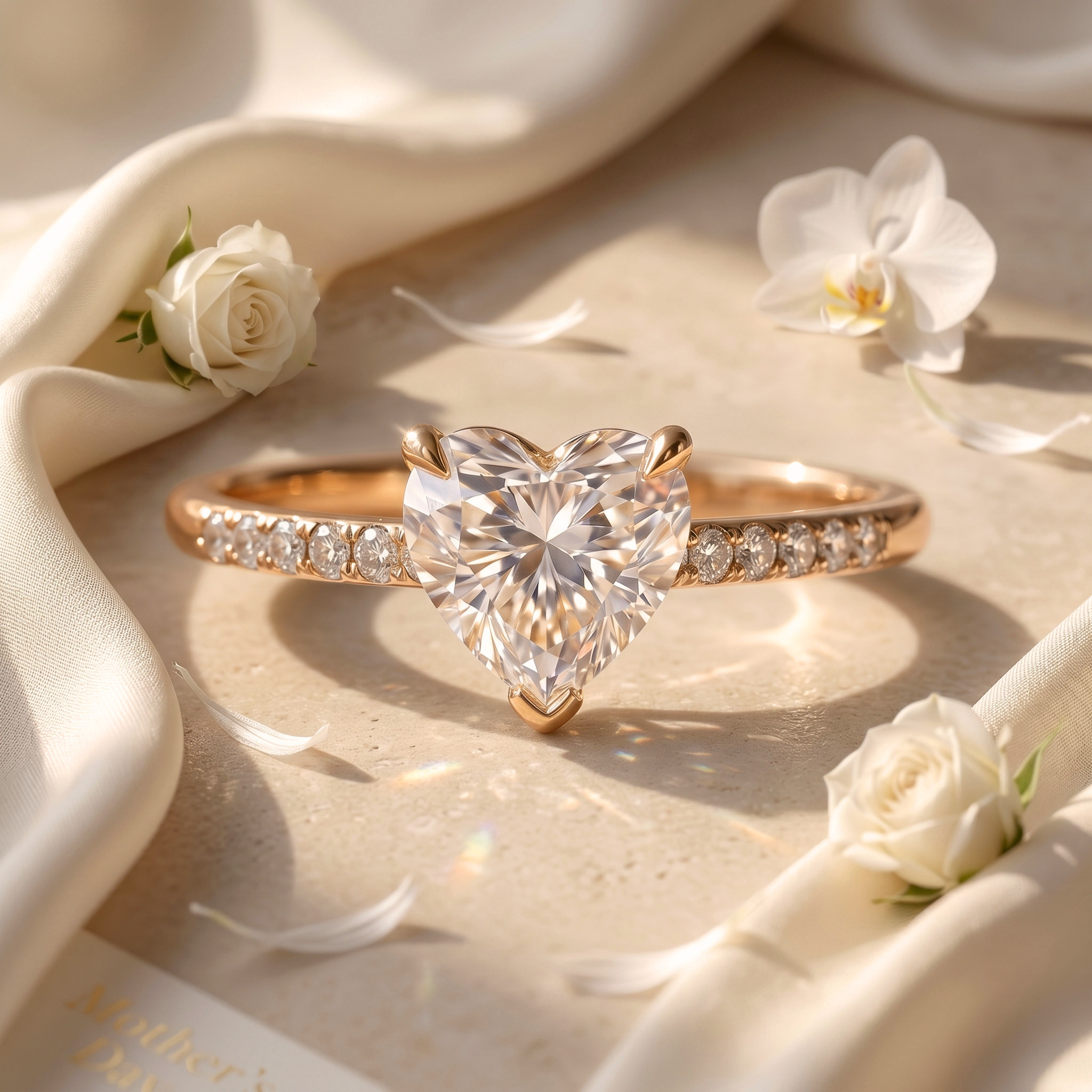 A rose gold heart-shaped moissanite engagement ring styled on elegant satin fabric.