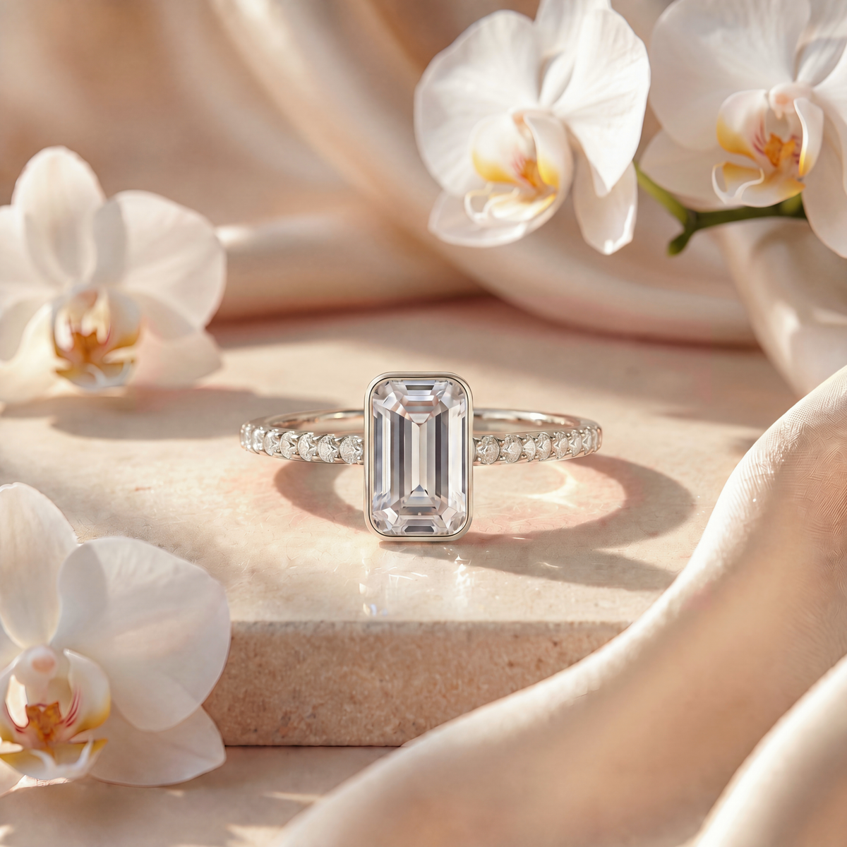 Front view of an emerald-cut bezel moissanite engagement ring with a pavé band in white gold.