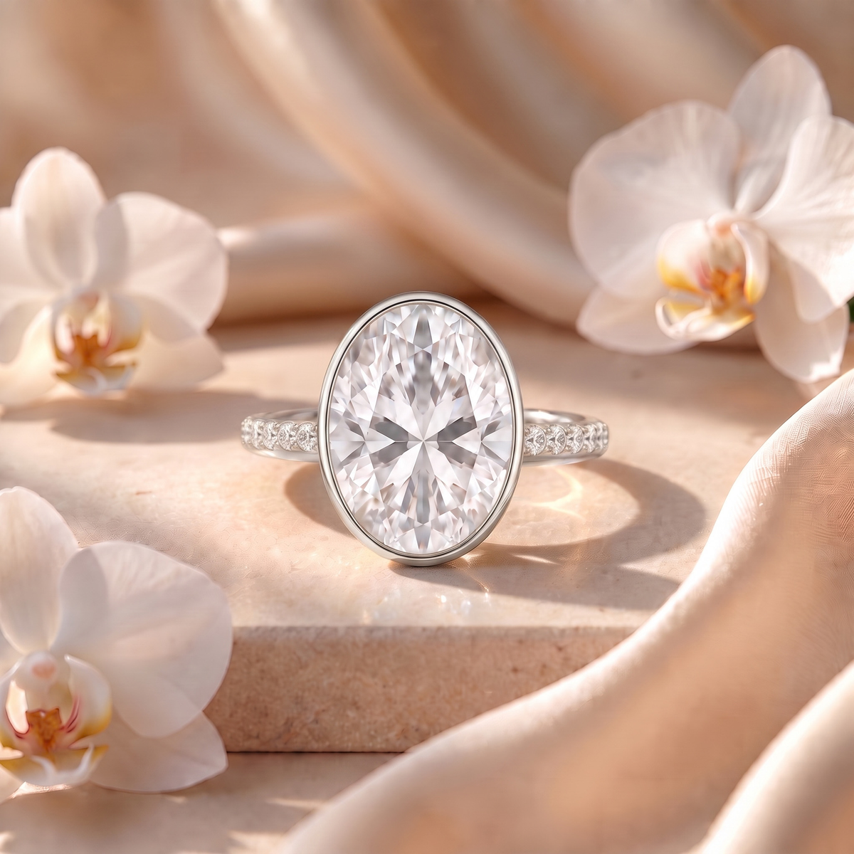 An oval moissanite bezel engagement ring in white gold displayed on a stone surface with white orchids.