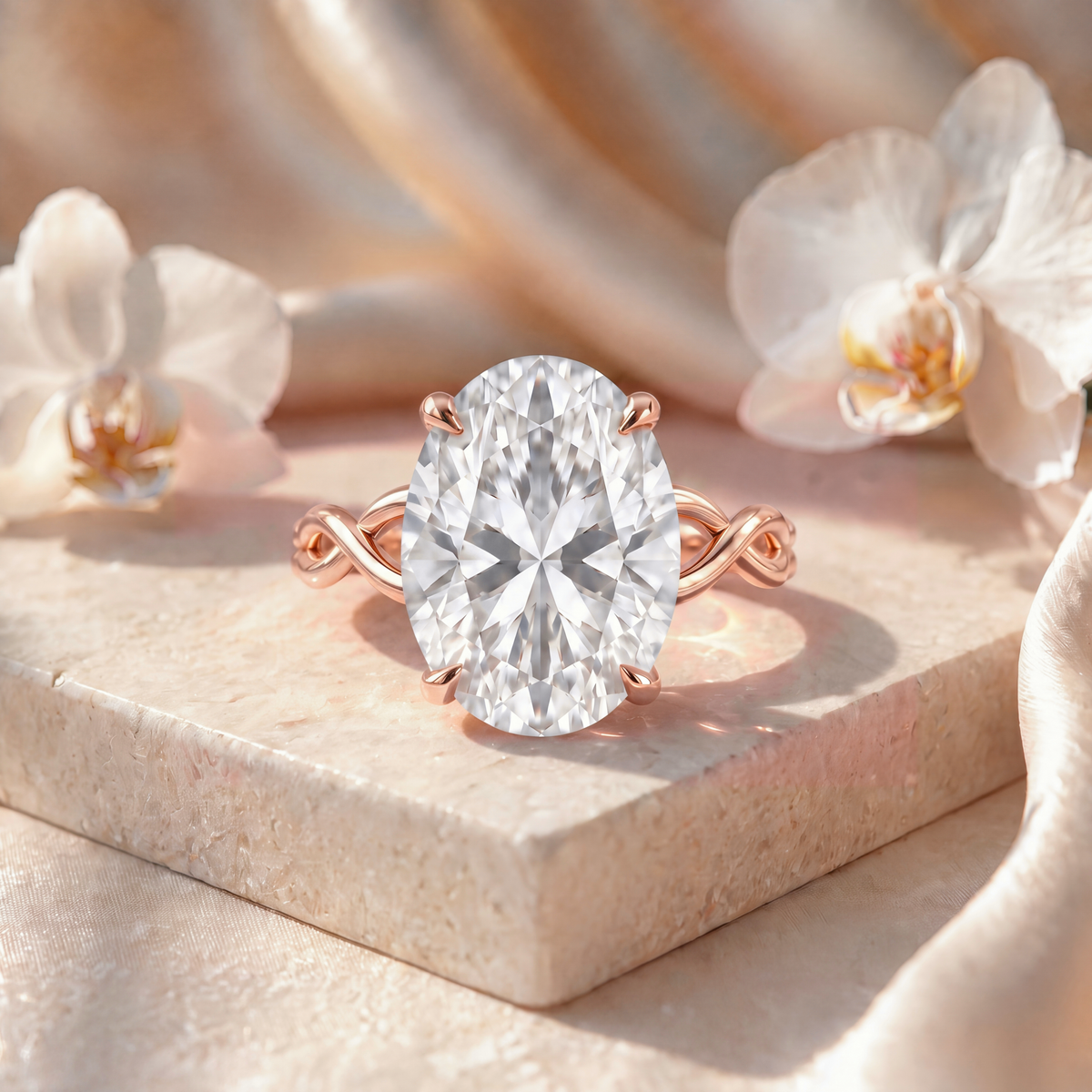 An oval-cut moissanite engagement ring featuring a twisted rose gold band.