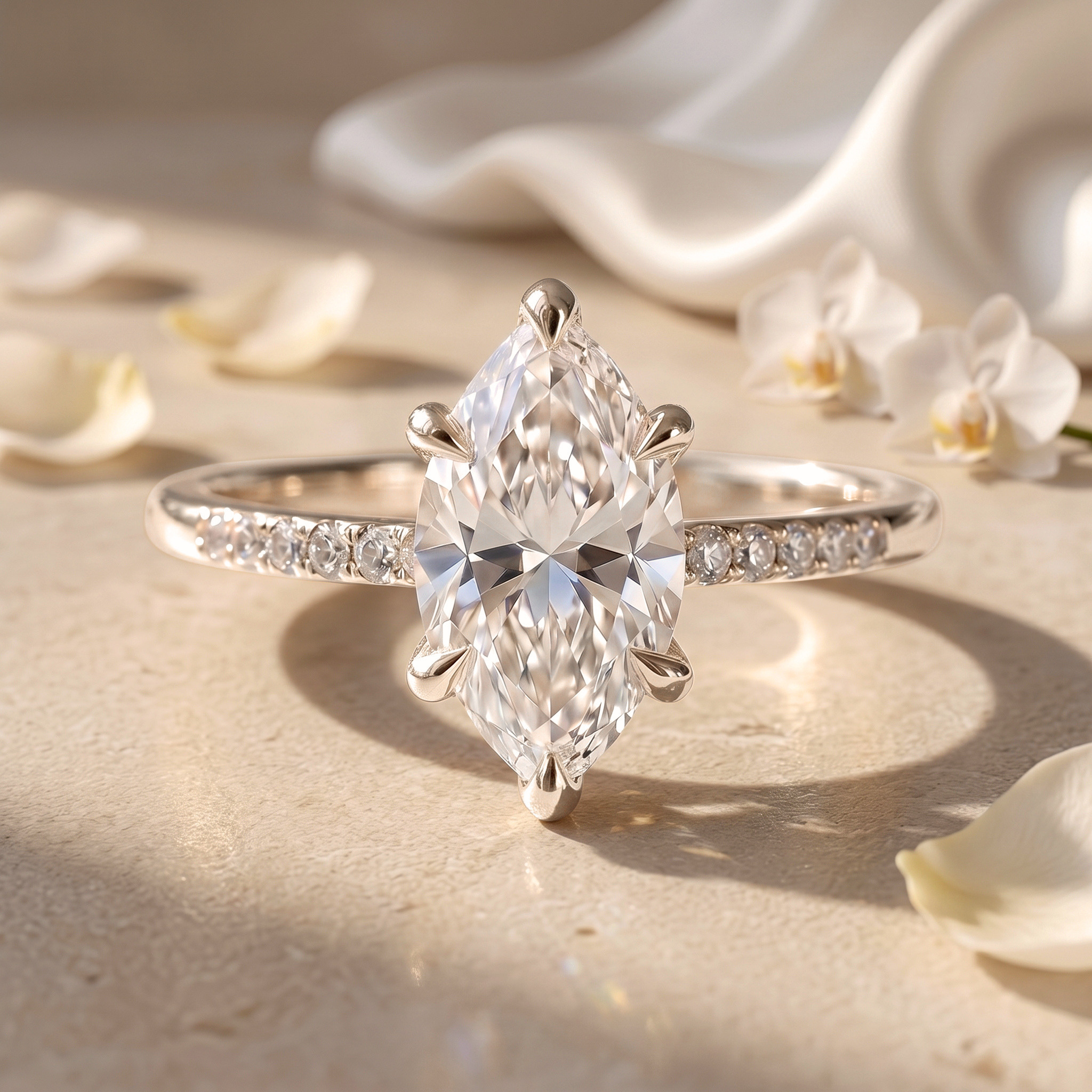 A brilliant marquise-cut moissanite engagement ring with a diamond pave band in white gold.
