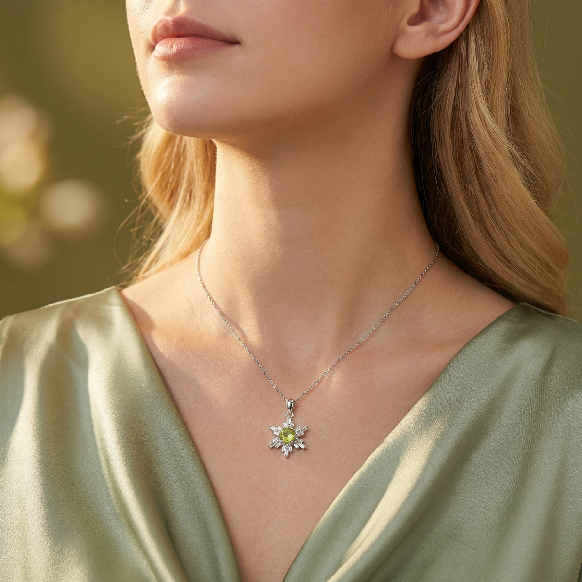 Model wearing the Elina natural peridot snowflake necklace in S925 sterling silver against a green silk top.