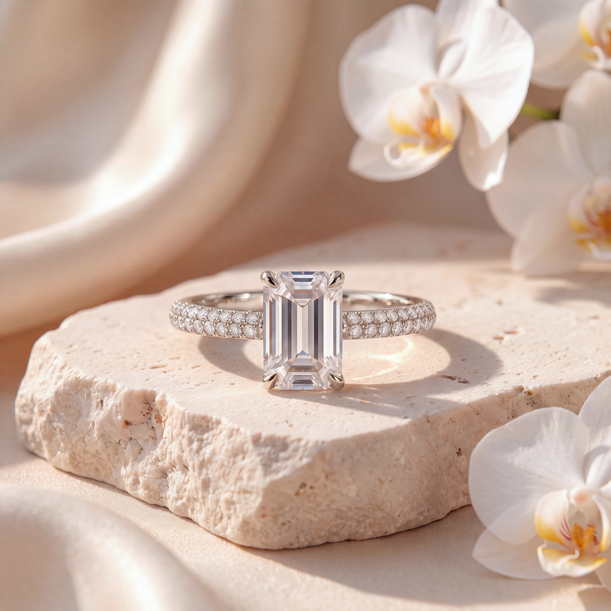 White gold emerald-cut moissanite engagement ring with double-row pavé band displayed on stone.