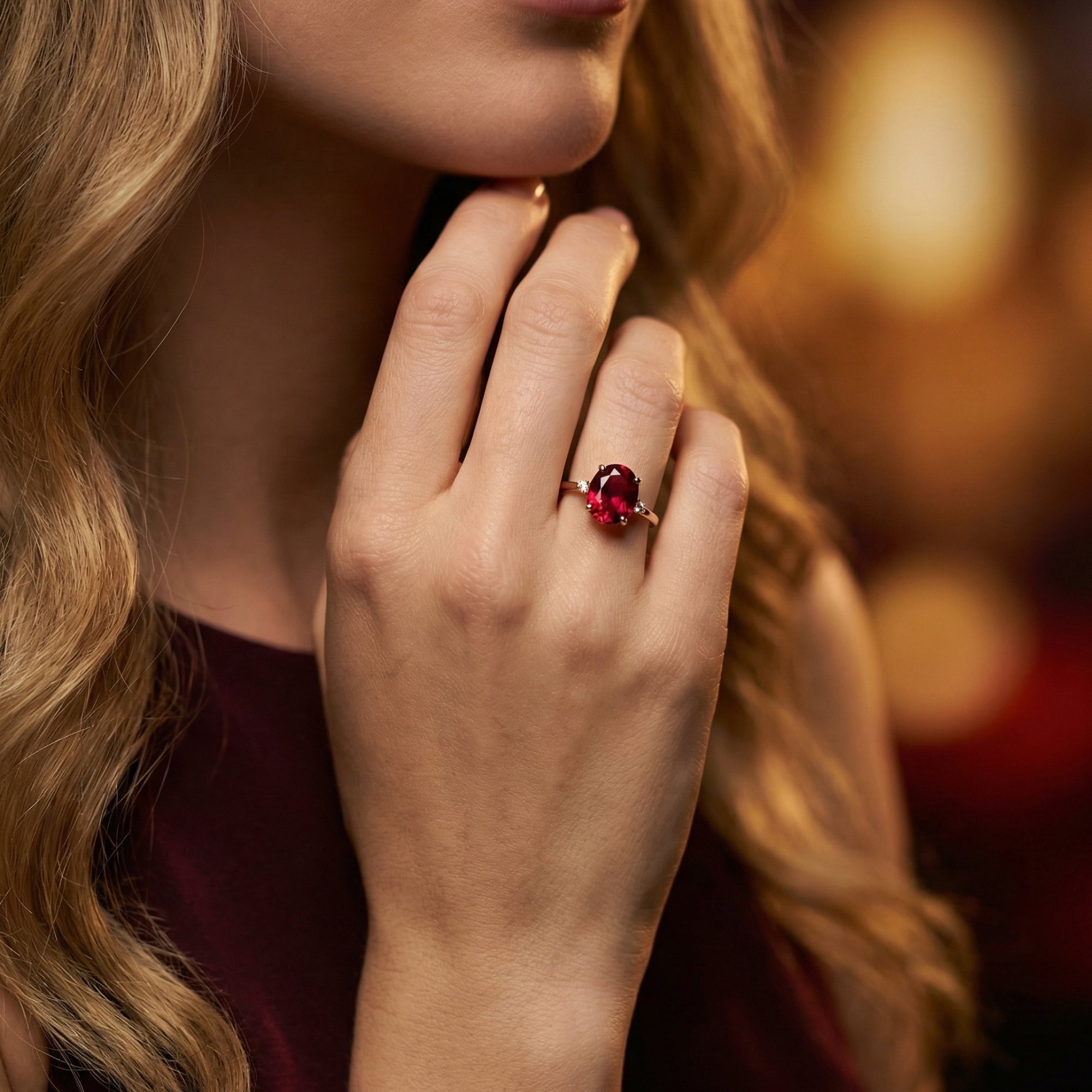 A woman wearing the Solange 18K rose gold and oval garnet ring in a warm, styled lifestyle setting.