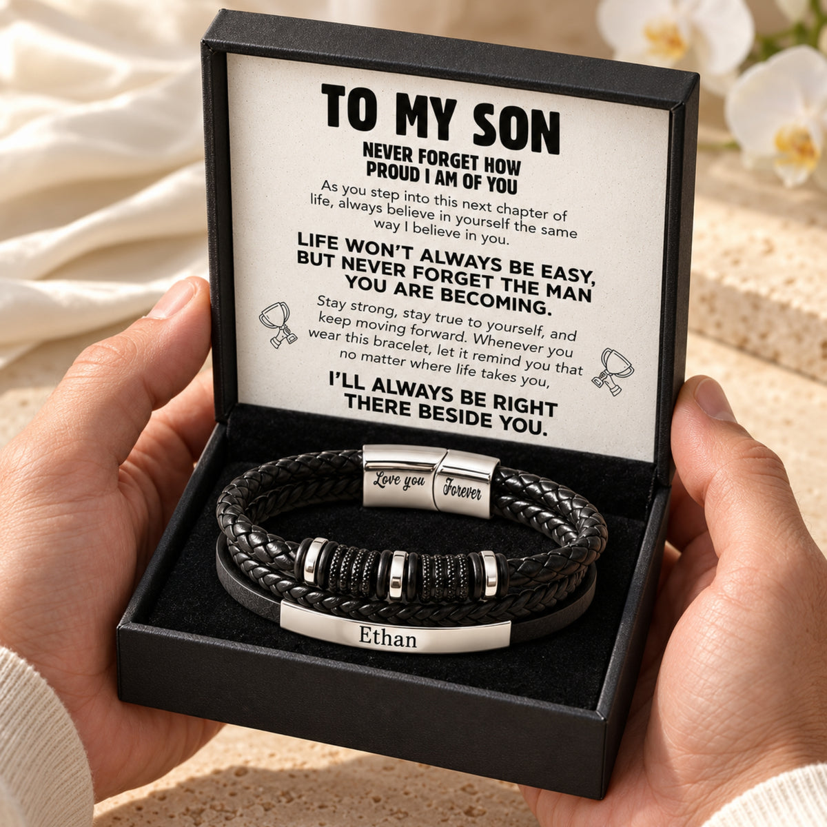 Included To My Son Next Chapter printed message card and standard bracelet gift box