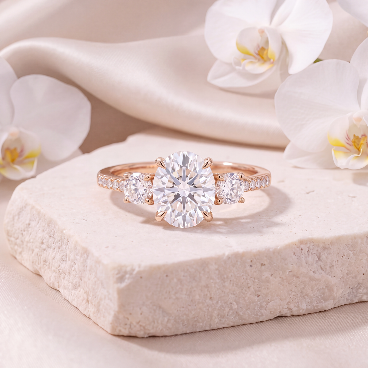 Three-stone oval moissanite engagement ring in rose gold displayed on a stone slab.