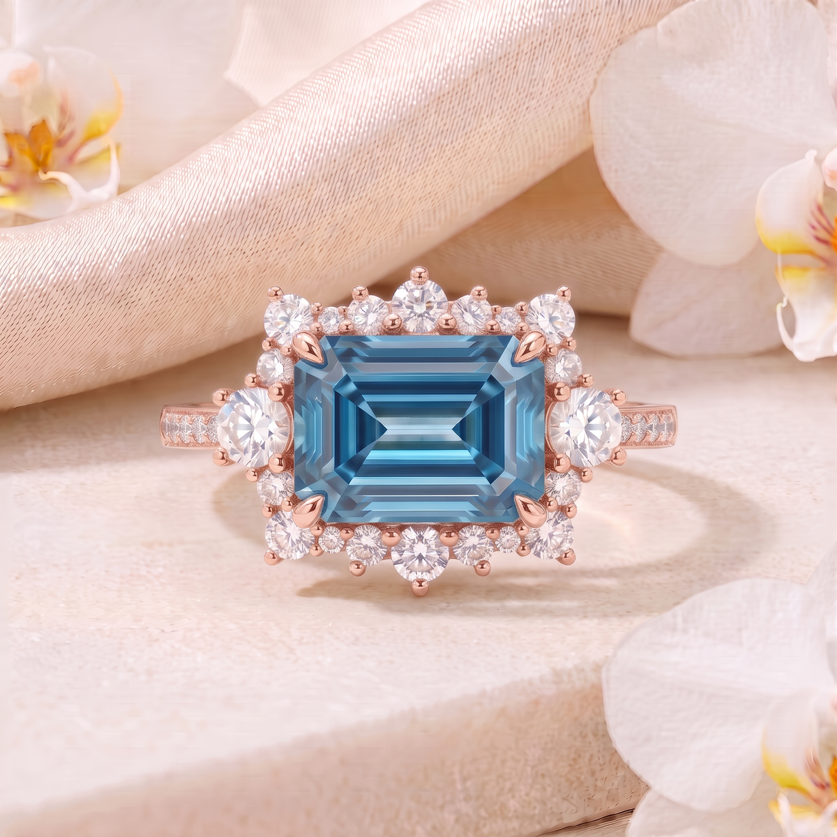 Front view of an emerald-cut blue moissanite halo ring in rose gold on a stone surface.