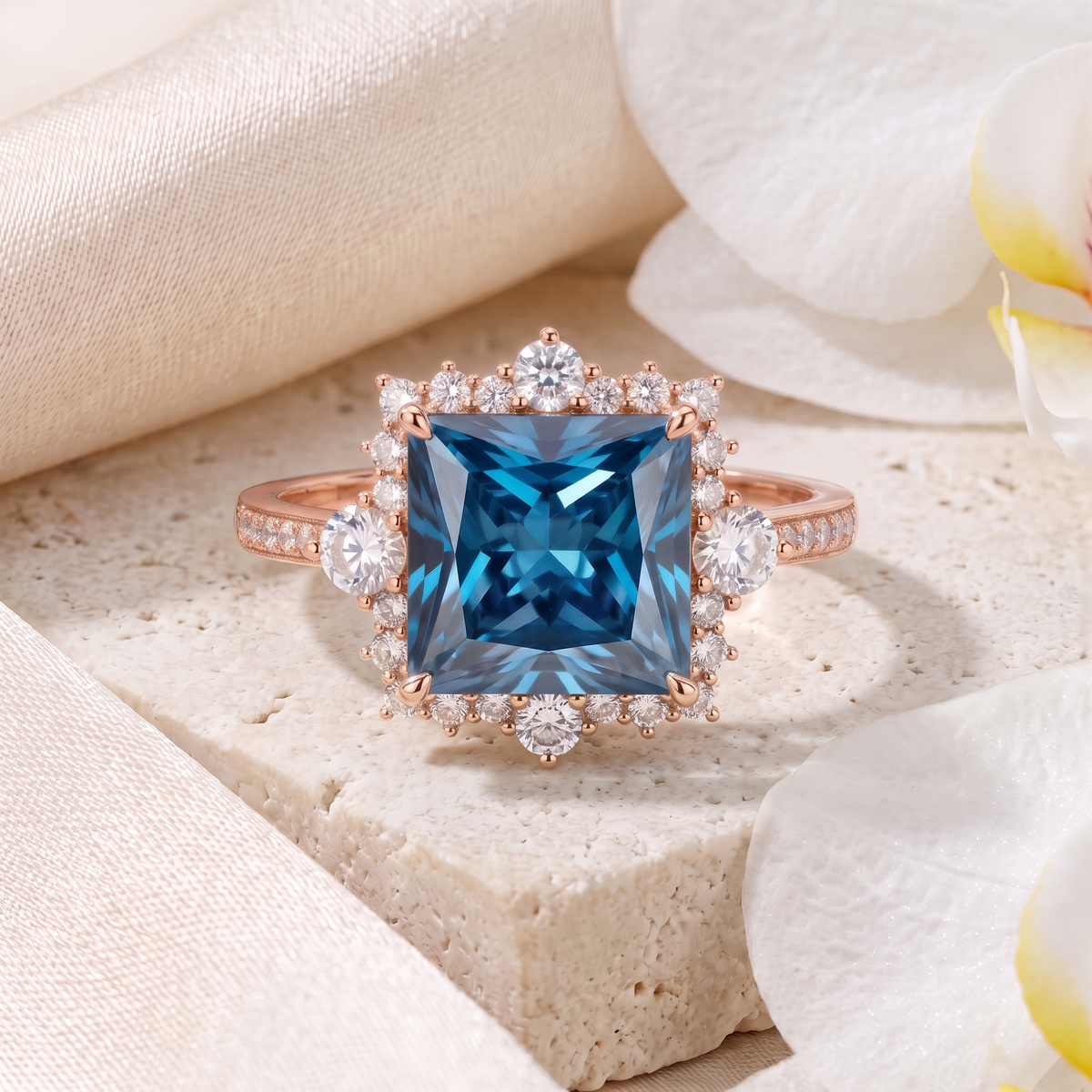 Rose gold halo engagement ring featuring a square princess-cut blue center stone surrounded by sparkling accents.
