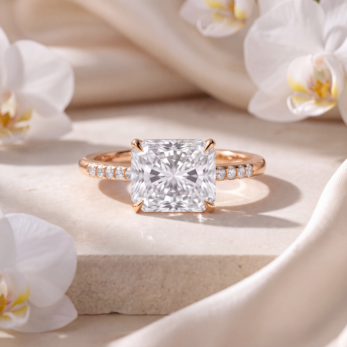 Rose gold radiant cut moissanite engagement ring with a pavé band displayed on a stone surface.