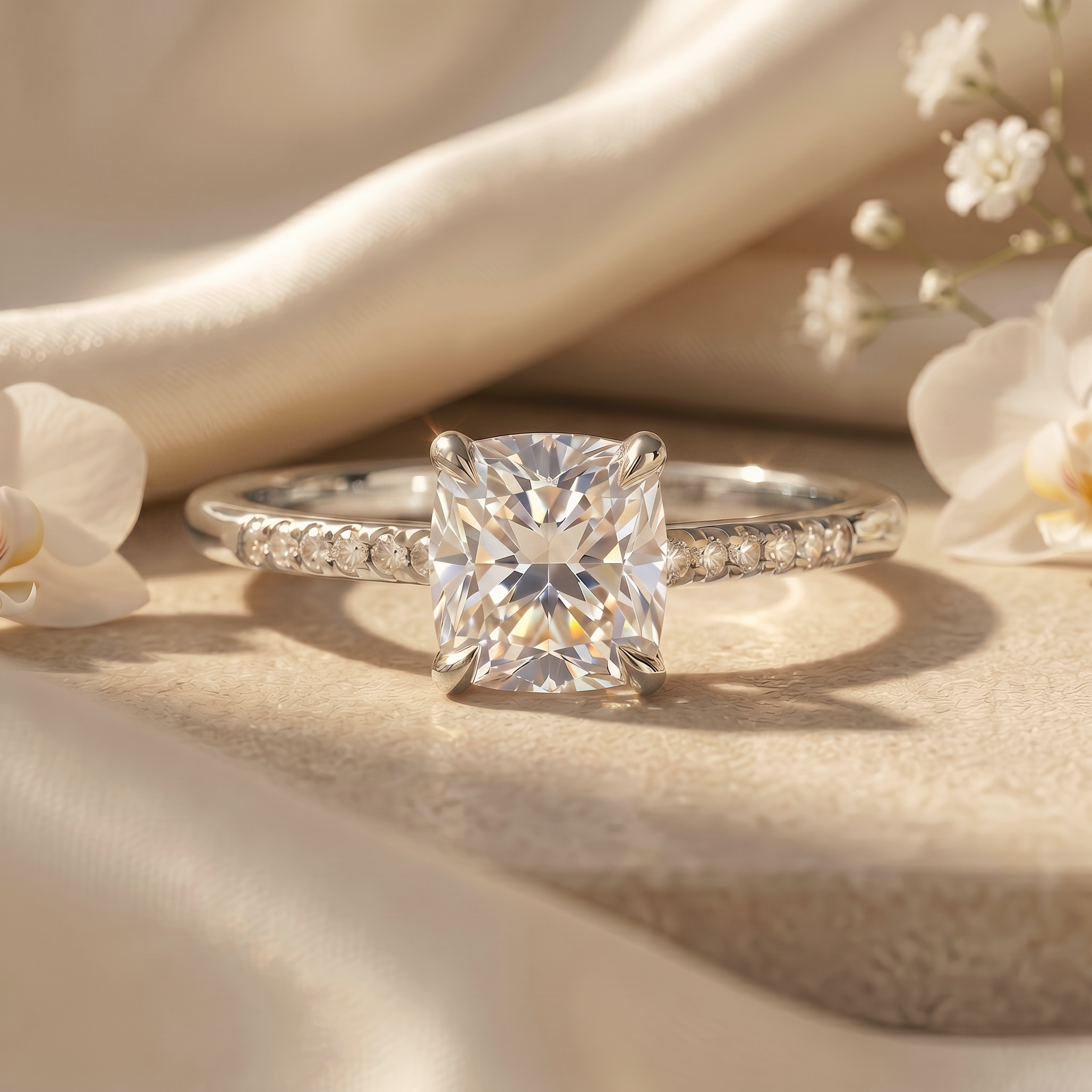 A white gold cushion-cut moissanite ring with brilliant pavé diamond accents along the band.