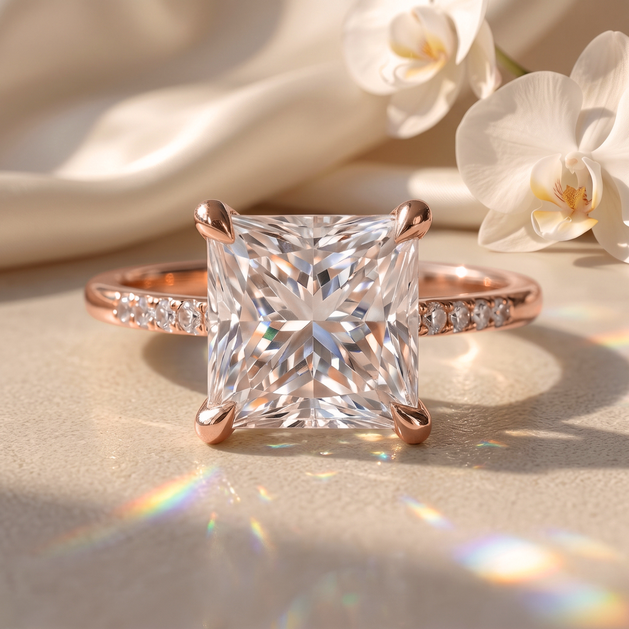 A front view of a princess-cut moissanite engagement ring set in a rose gold band with pave diamonds.