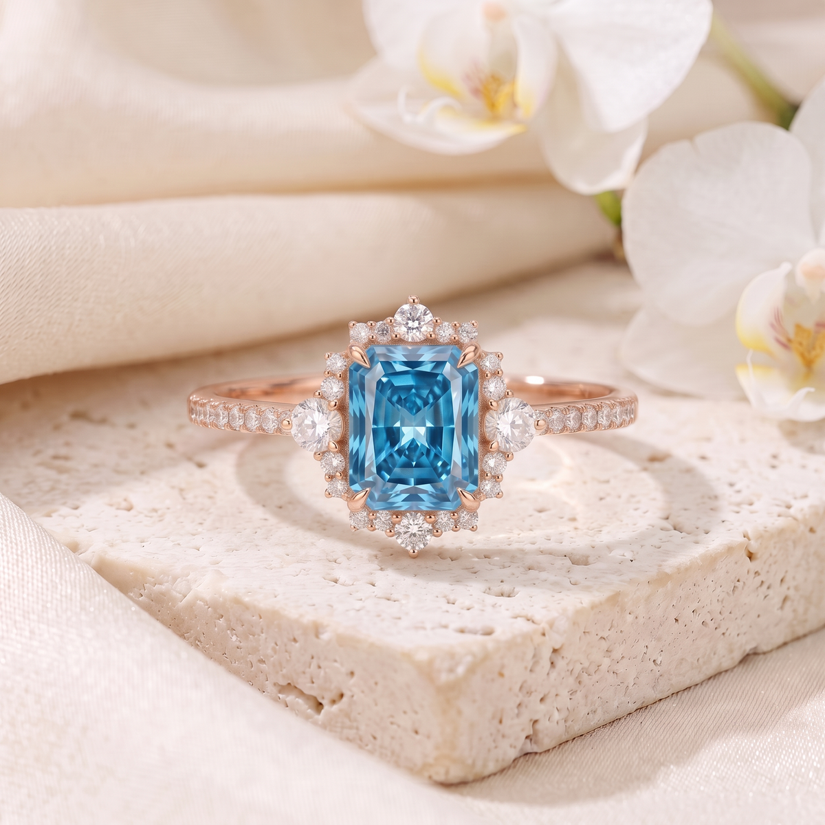 Emerald cut blue moissanite vintage halo engagement ring in rose gold.