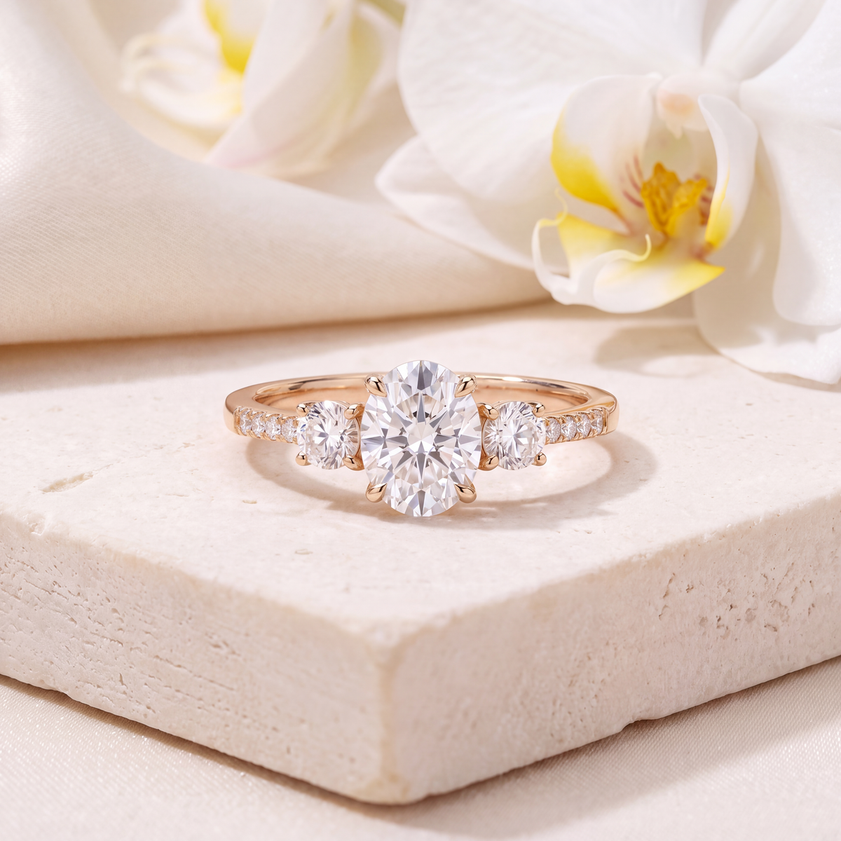 Front view of a rose gold three-stone oval moissanite ring with pavé side stones.