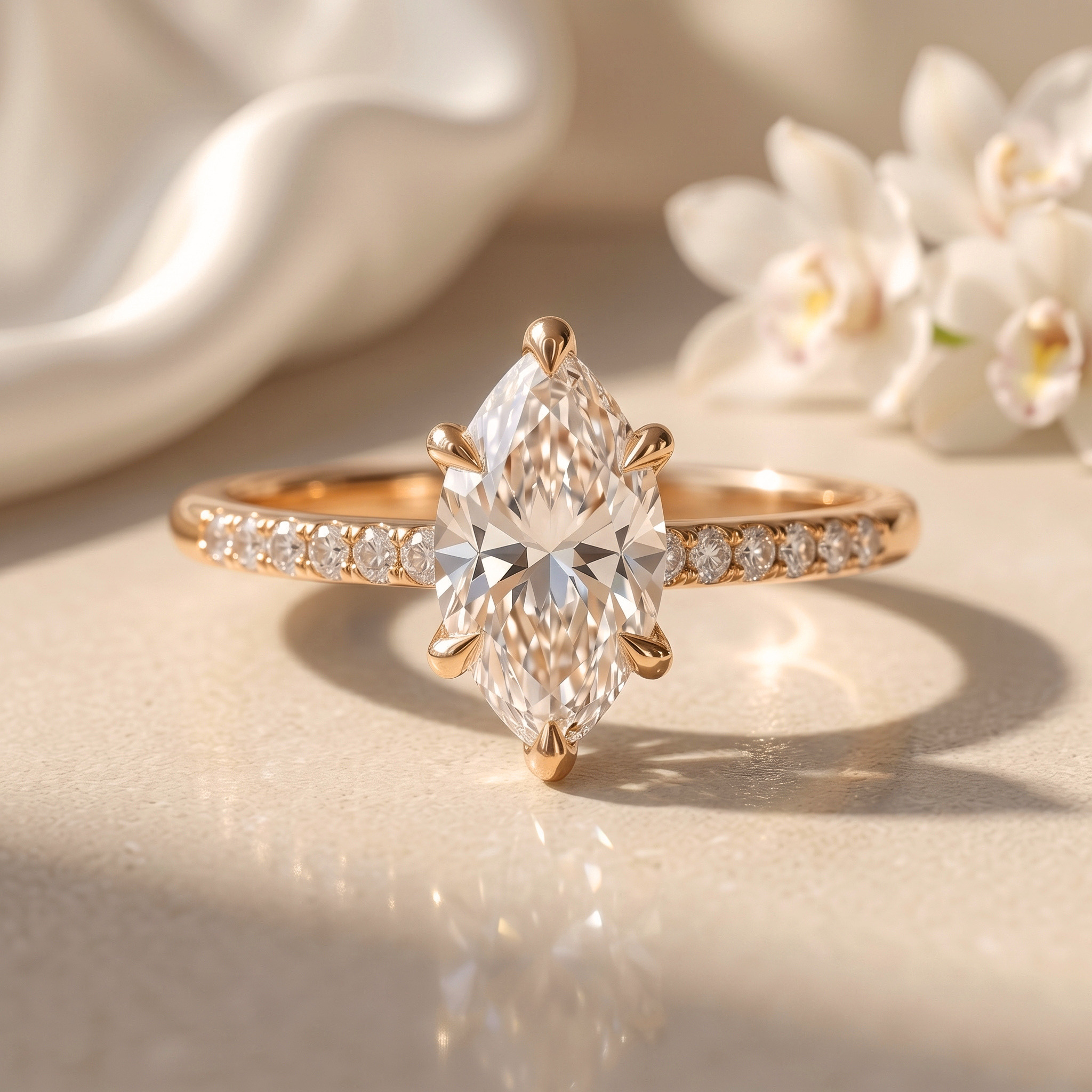 A beautiful rose gold engagement ring with a marquise-cut moissanite centerpiece and a glittering diamond pavé band.