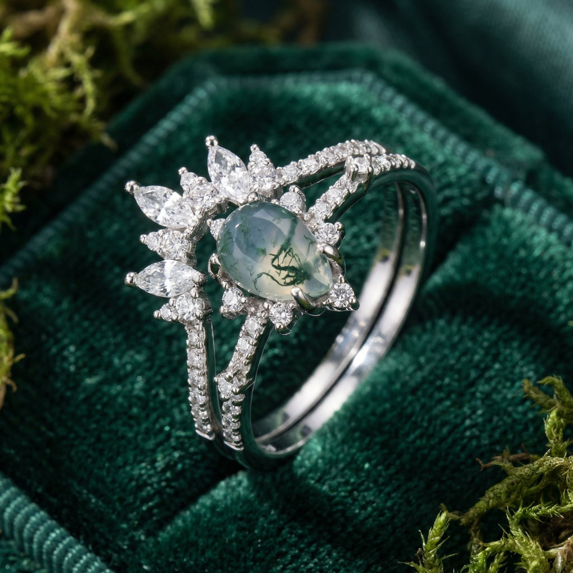Frosted Kite Cut Moss Agaat Marquise Diamant Zilveren Ring Set - S925 Sterling Zilver