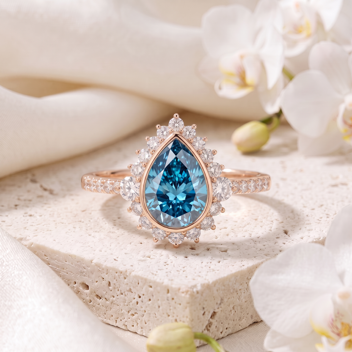 Front view of a pear cut blue moissanite halo engagement ring in rose gold displayed on a textured stone block.