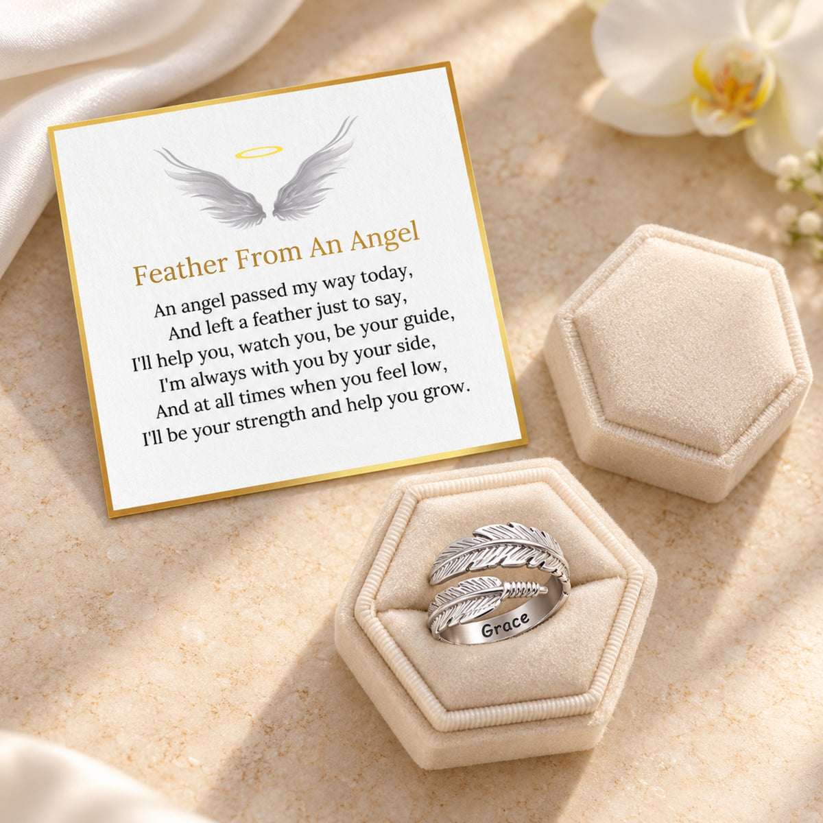 Feather From An Angel card and silver feather ring in standard gift packaging