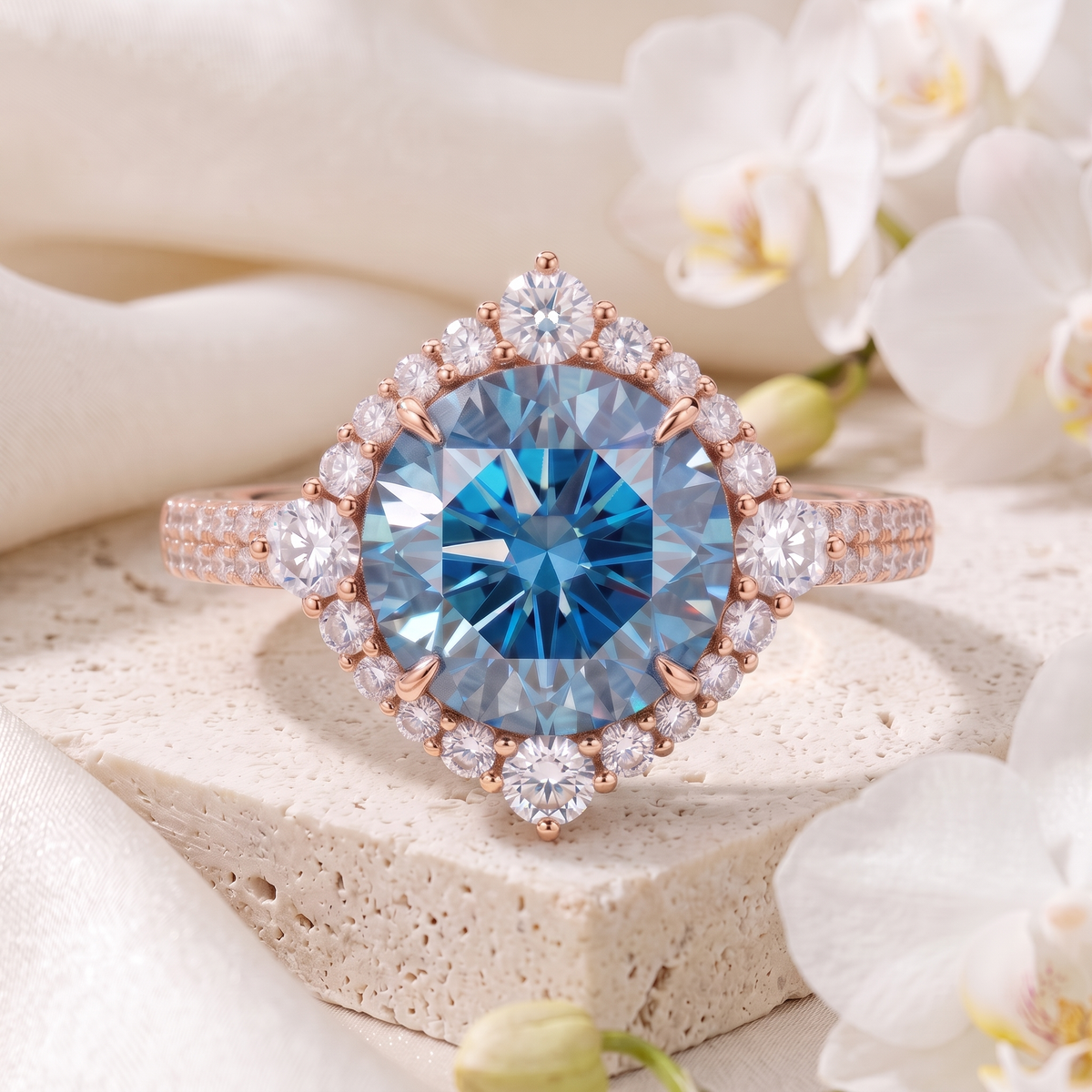 Round blue moissanite halo engagement ring in rose gold on a stone display.