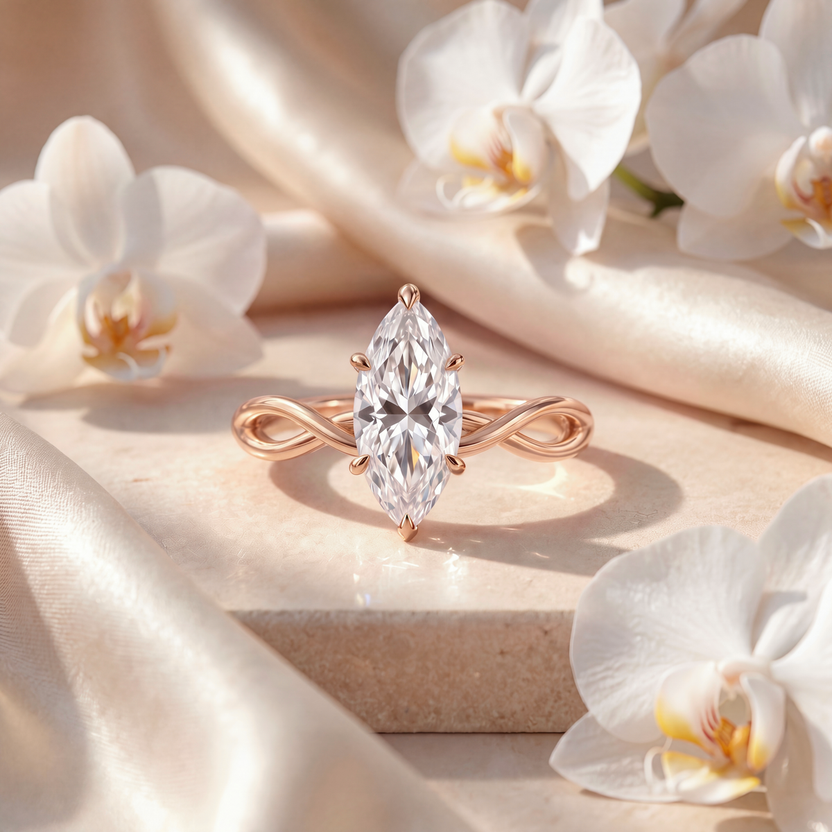 Rose gold engagement ring featuring a marquise-cut moissanite stone on an infinity band.