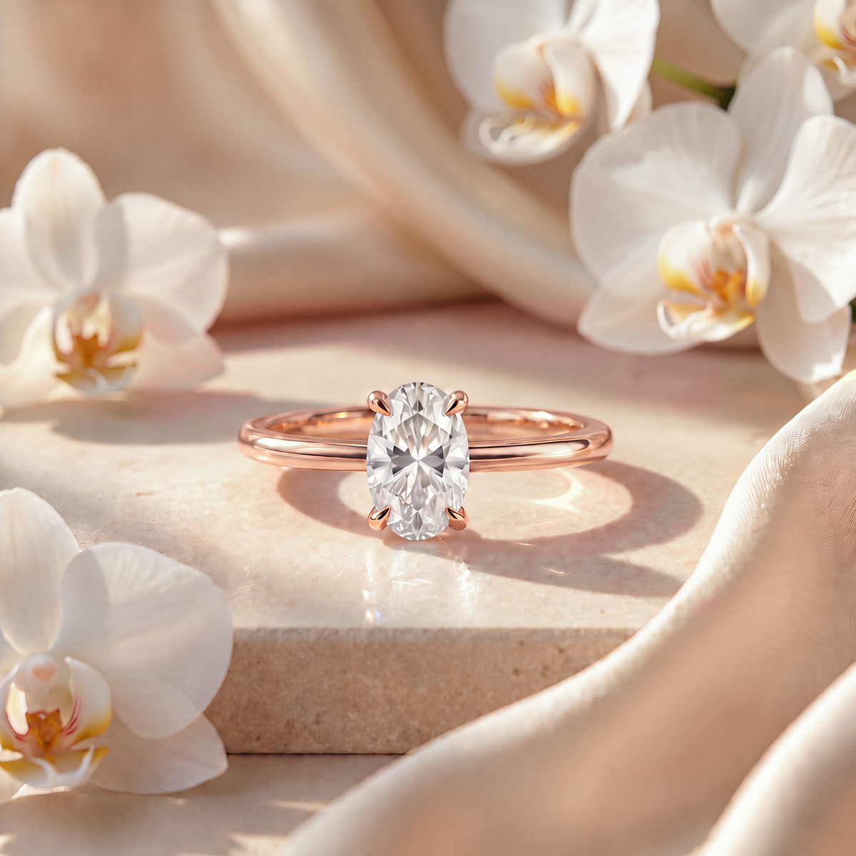 An oval moissanite solitaire engagement ring in rose gold on a stone display.