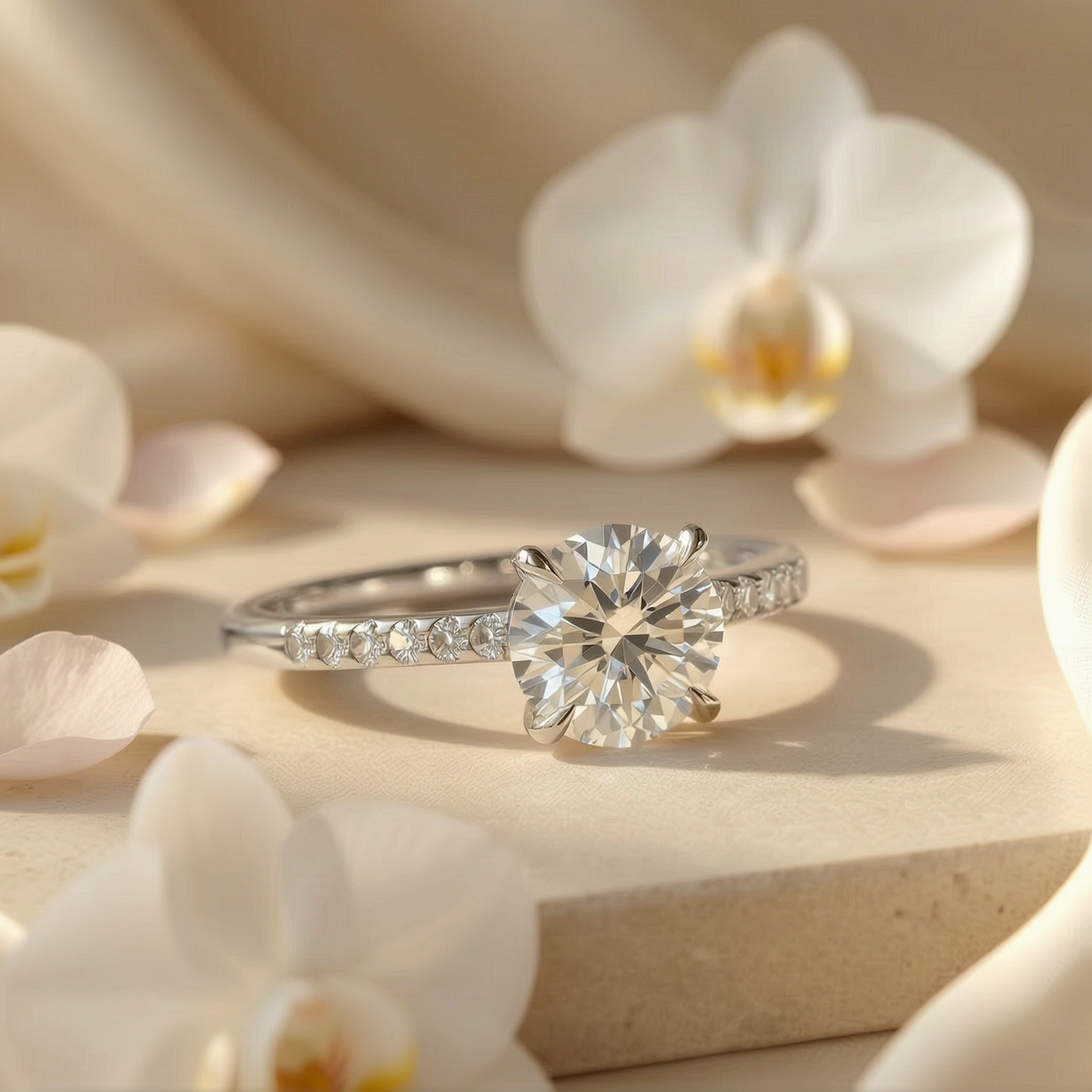 A sparkling white gold round-cut moissanite engagement ring on a stone platform with delicate white orchids.