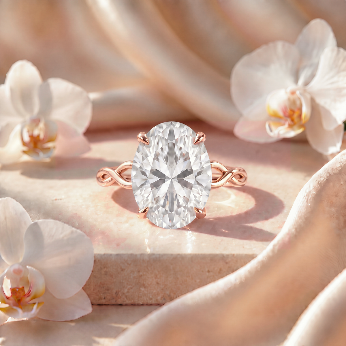 Front view of an oval moissanite engagement ring with a twisted rose gold band.