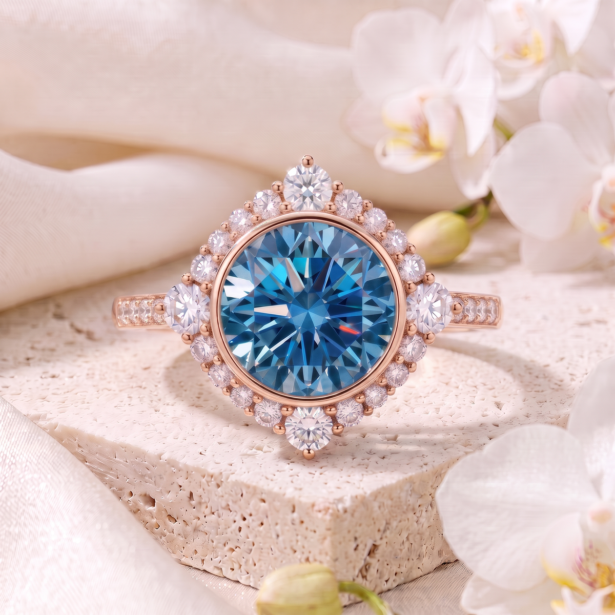Round cut blue moissanite statement ring with geometric diamond halo in rose gold.
