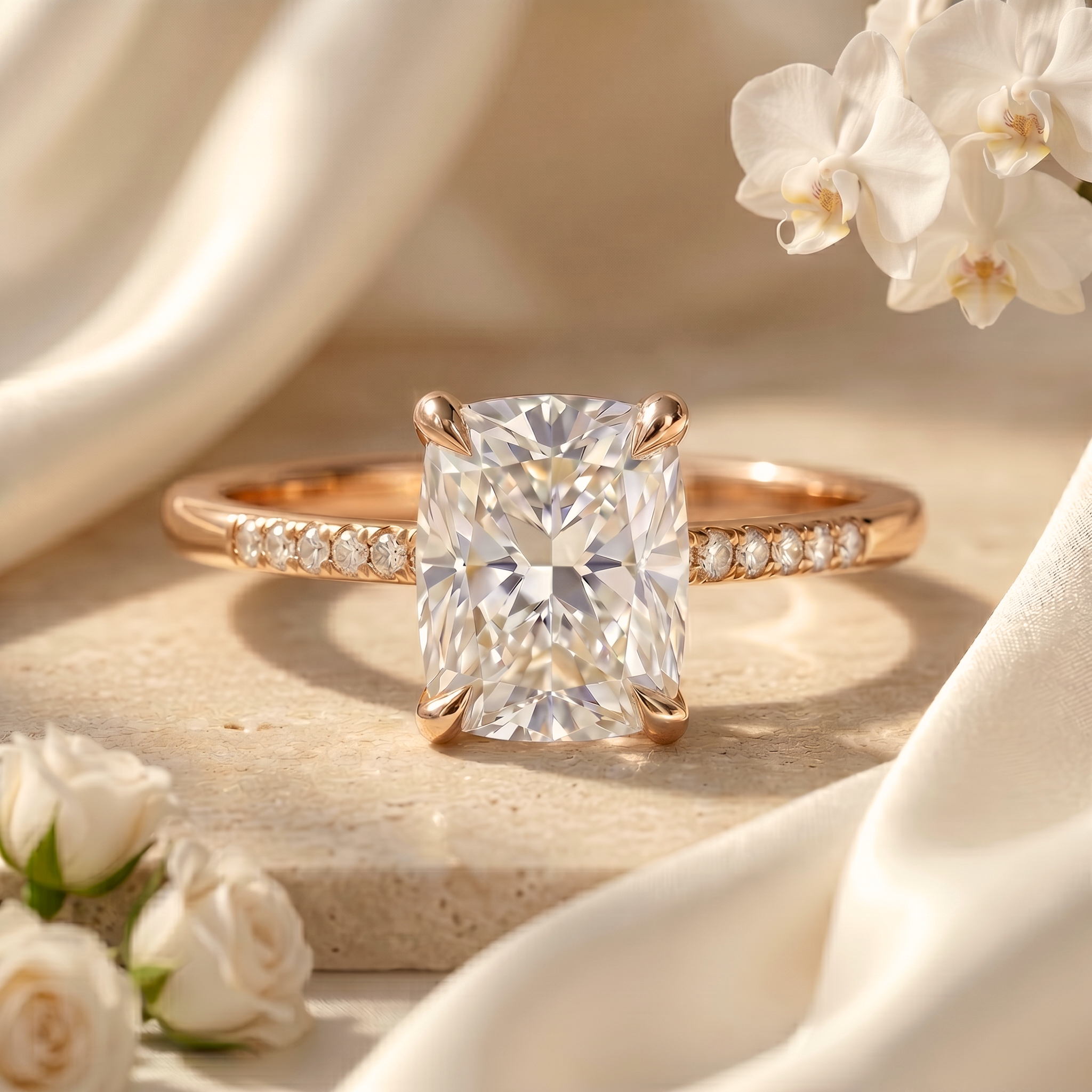 A front-facing view of a cushion cut moissanite engagement ring set in a warm rose gold band with pave diamonds.