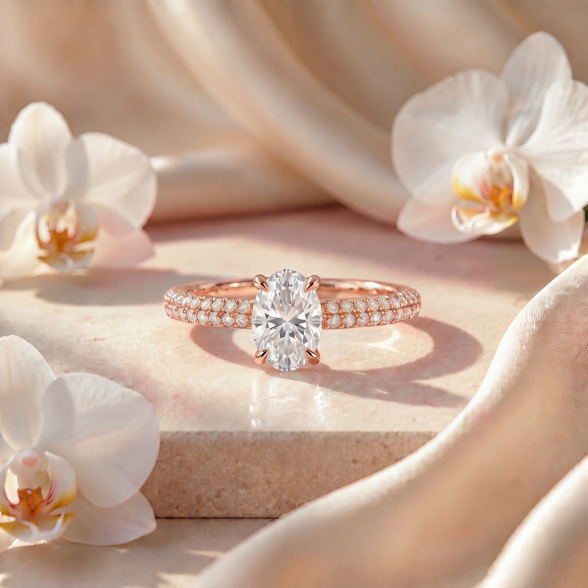 Rose gold oval moissanite engagement ring with double-row pavé band.