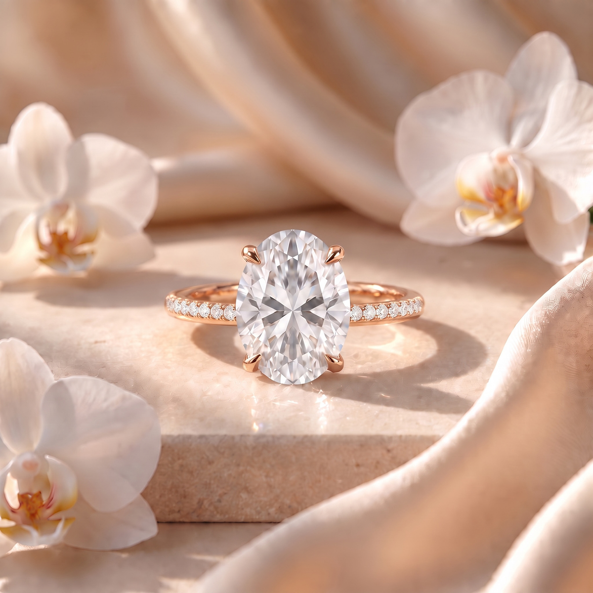 Front view of the oval moissanite engagement ring with a pavé band set in rose gold.