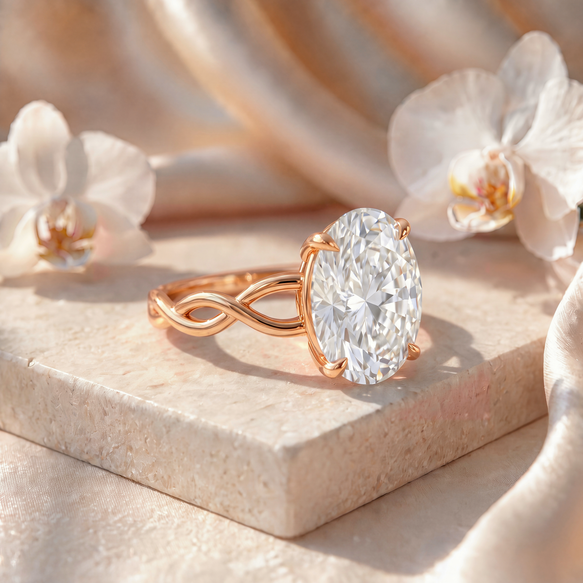 A side profile view of an oval moissanite engagement ring with a twisted yellow gold band.