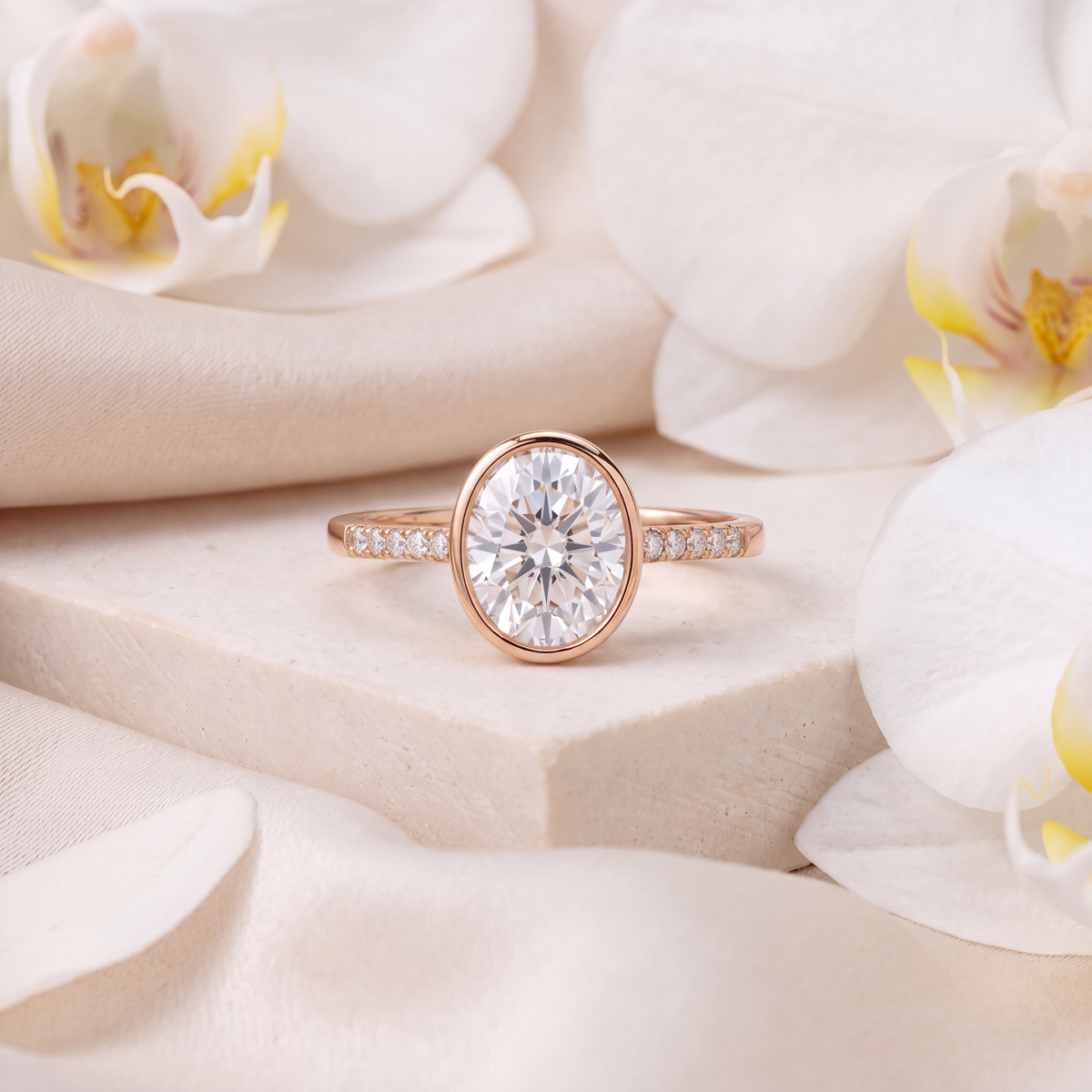 Rose gold oval moissanite bezel engagement ring with a pavé band set against orchids and silk.