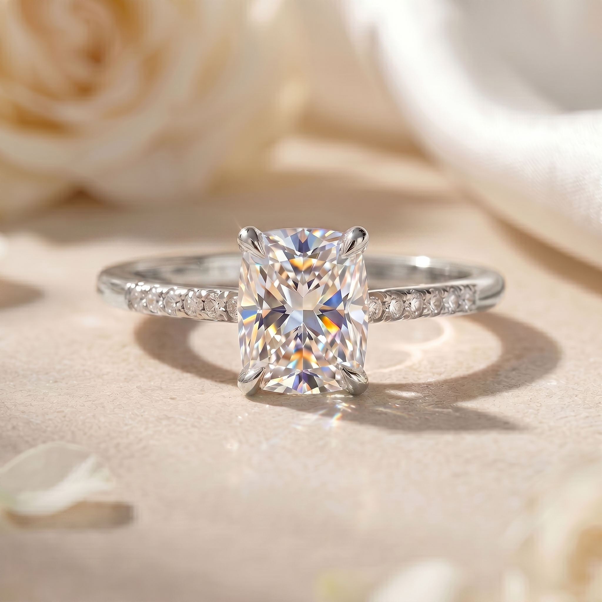 A white gold cushion cut moissanite engagement ring with a pavé band, shown in a clean flatlay shot.
