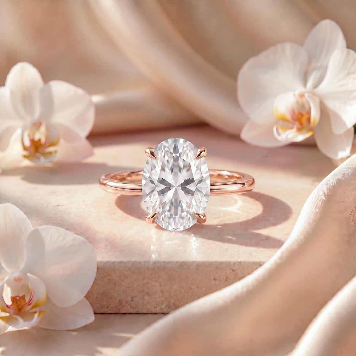Front view of an oval-cut moissanite solitaire engagement ring in rose gold.