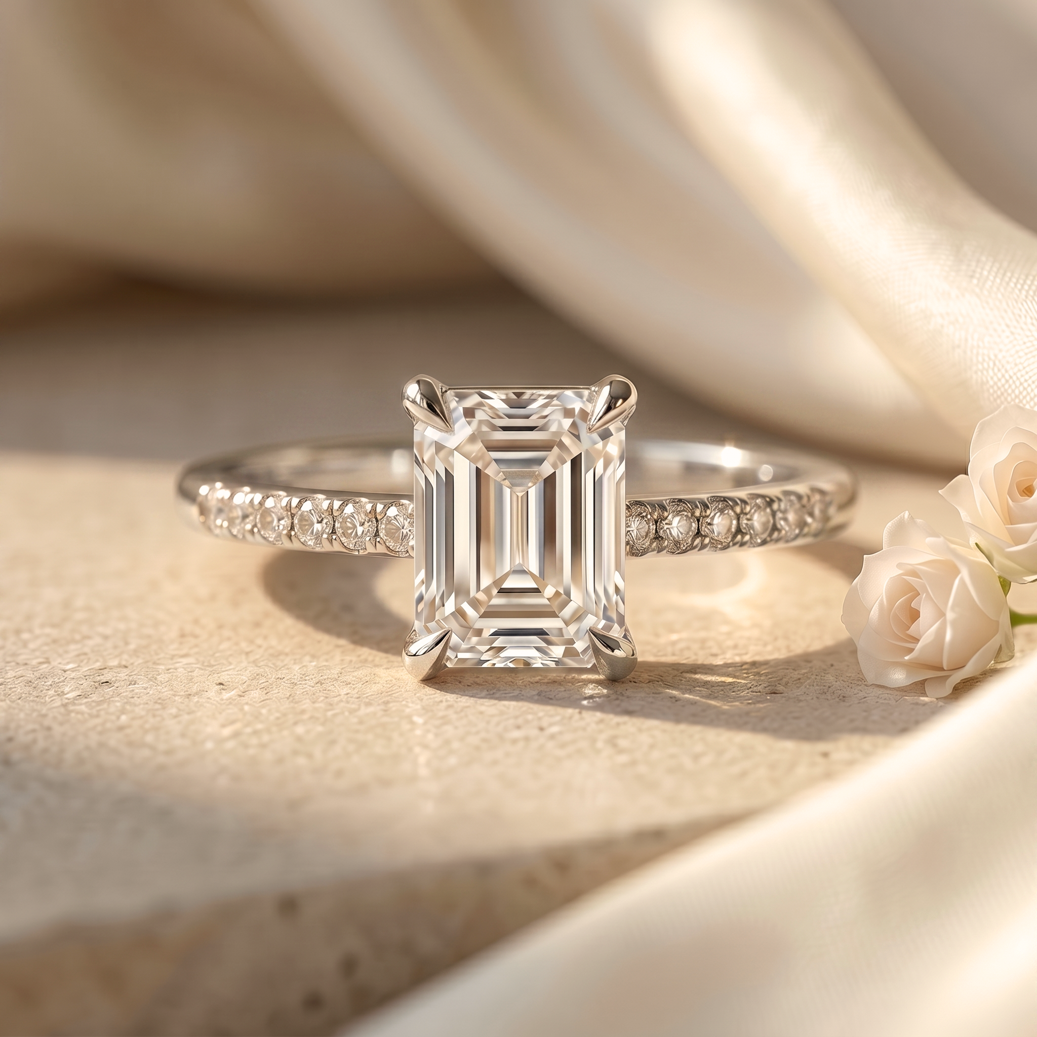 An elegant front-facing view of an emerald-cut moissanite engagement ring with a diamond-accented white gold band.