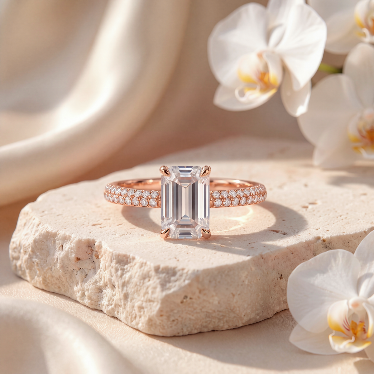 Rose gold emerald-cut moissanite engagement ring with double-row pavé band displayed on stone.